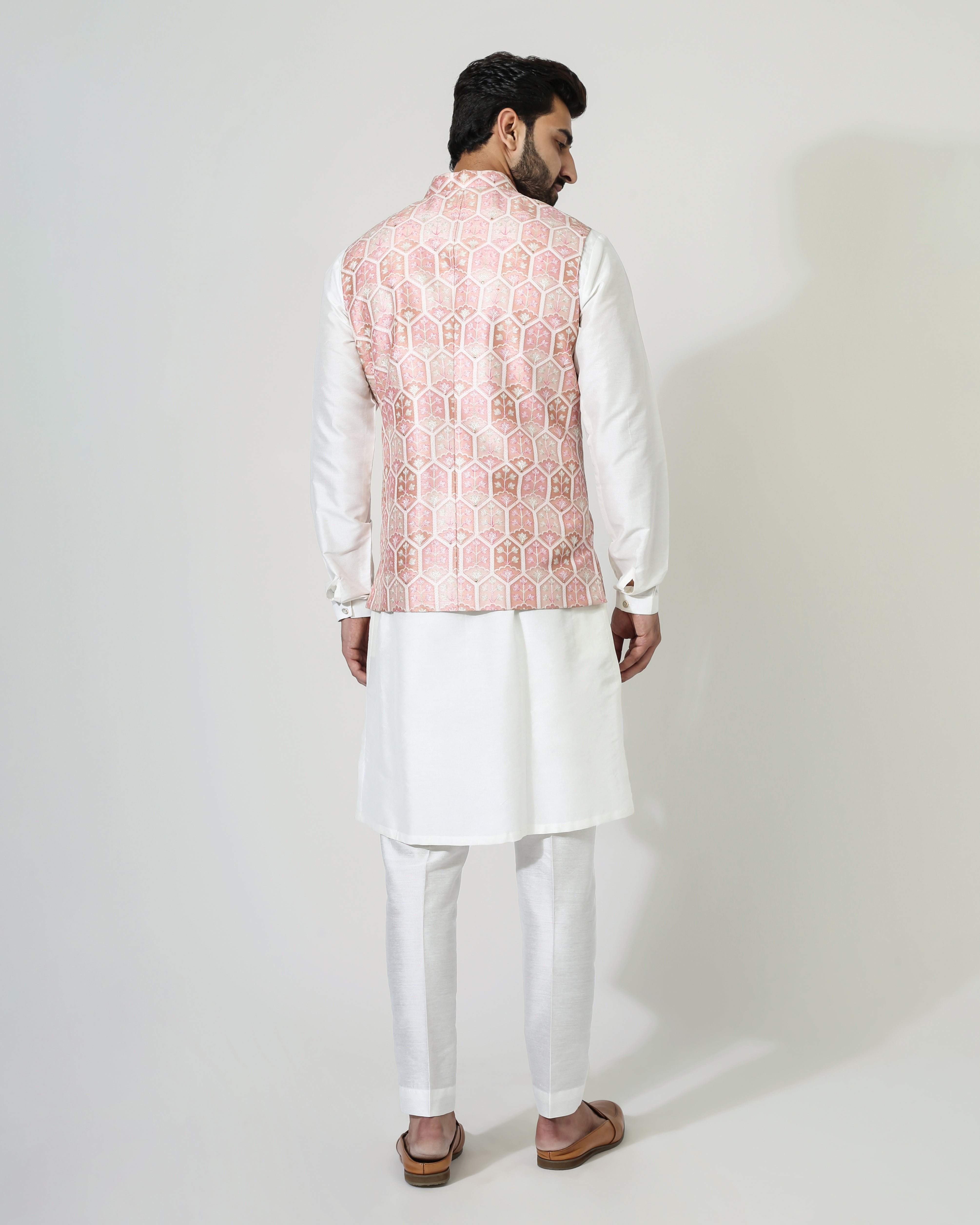 Pastel Red Ojis Nehru Jacket With Kurta Pyjama