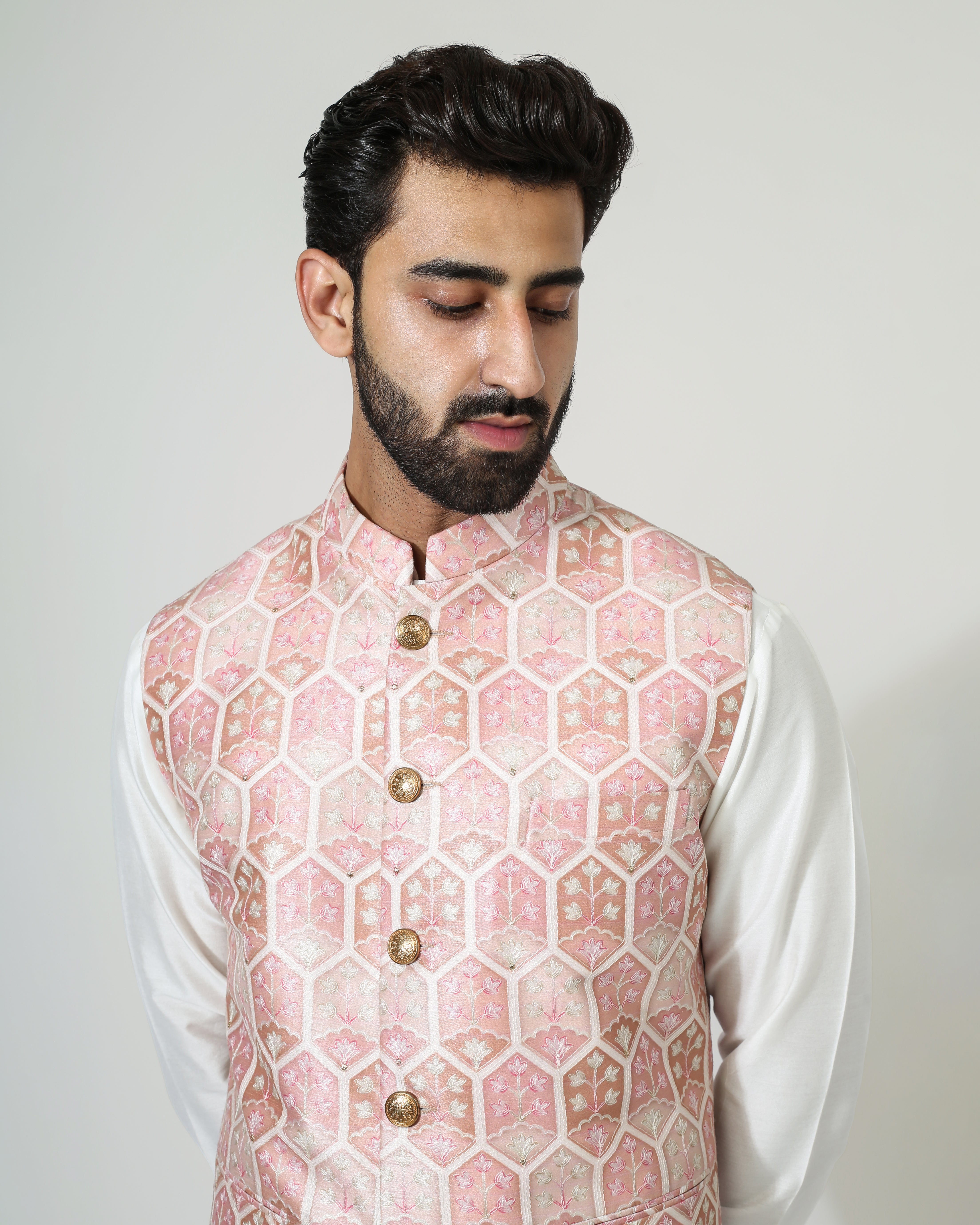 Pastel Red Ojis Nehru Jacket With Kurta Pyjama