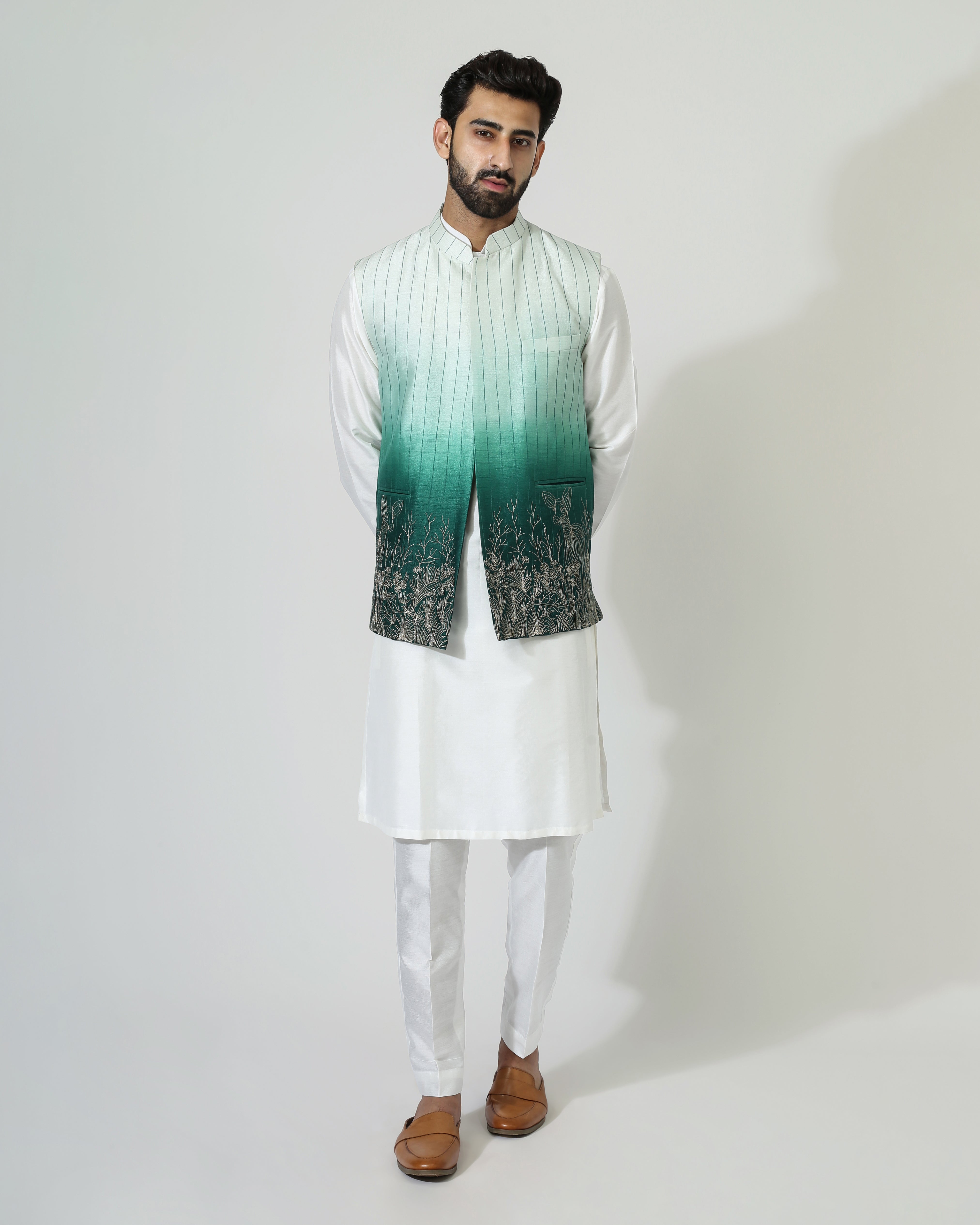 Ombre Embriodry Nehru Jacket With Kurta Pyjama