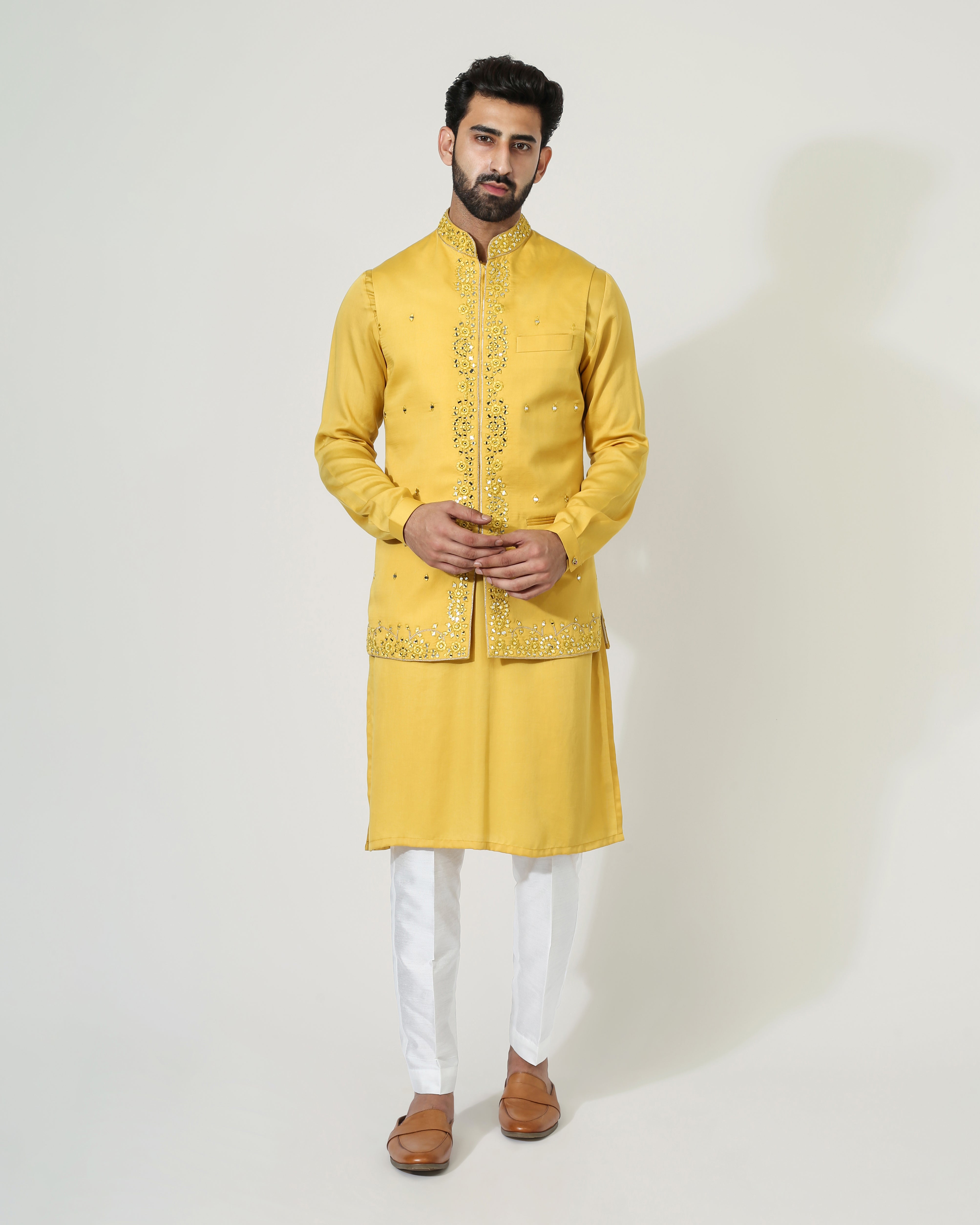 Yellow Mirror Work Nehru Jacket With Kurta Pyjama