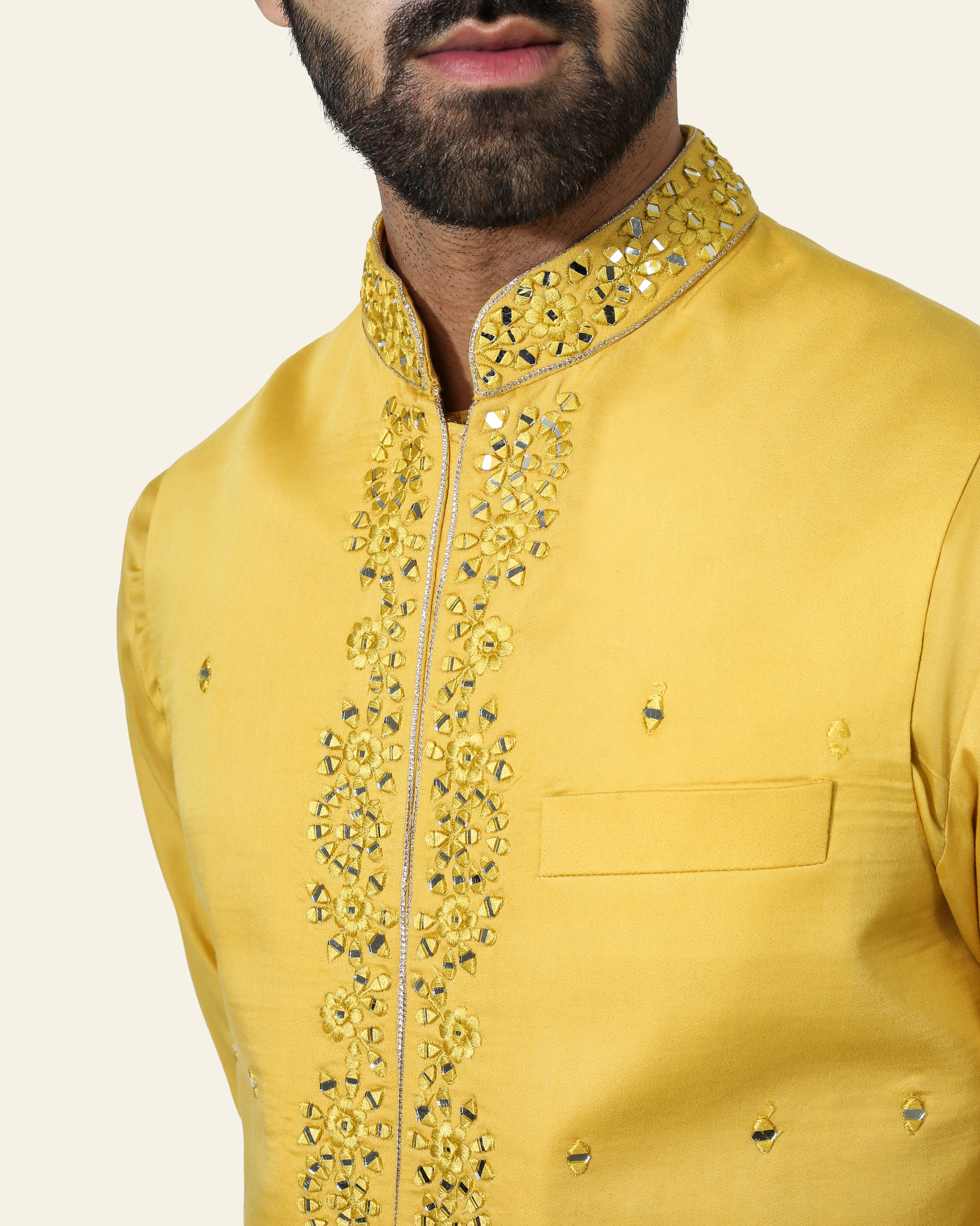Yellow Mirror Work Nehru Jacket With Kurta Pyjama