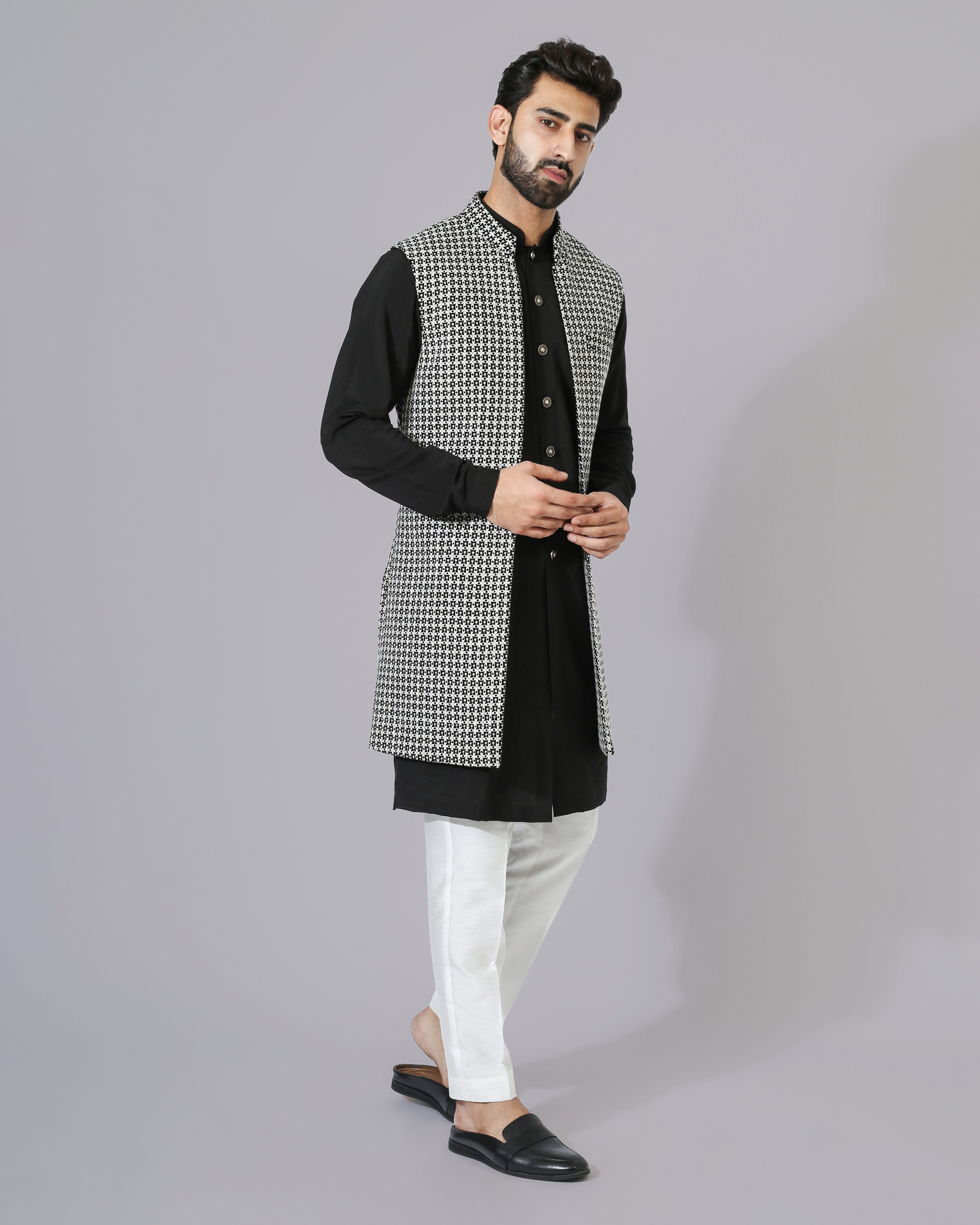 Black & white Texture Open Jacket With Kurta Pyjama