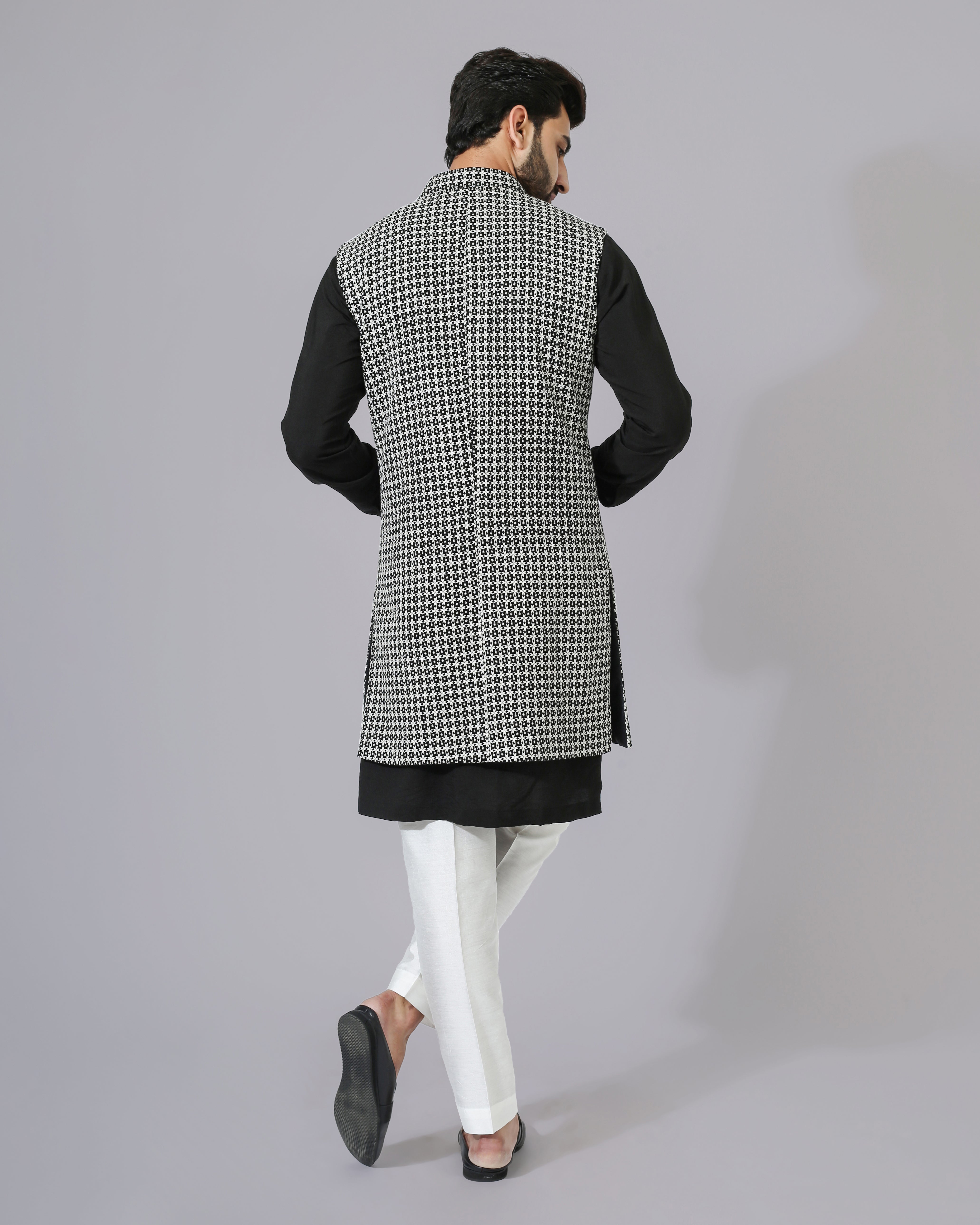 Black & white Texture Open Jacket With Kurta Pyjama