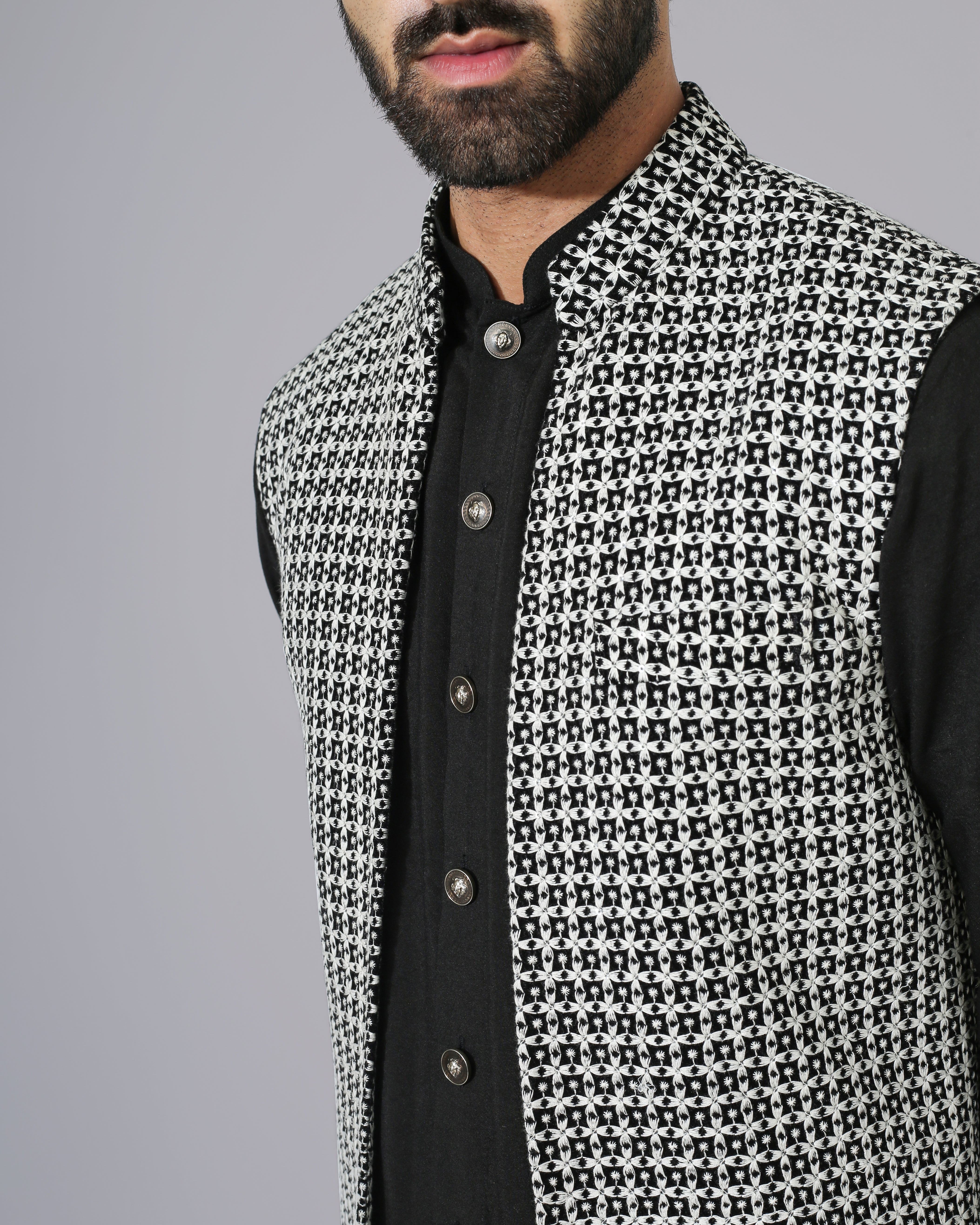 Black & white Texture Open Jacket With Kurta Pyjama