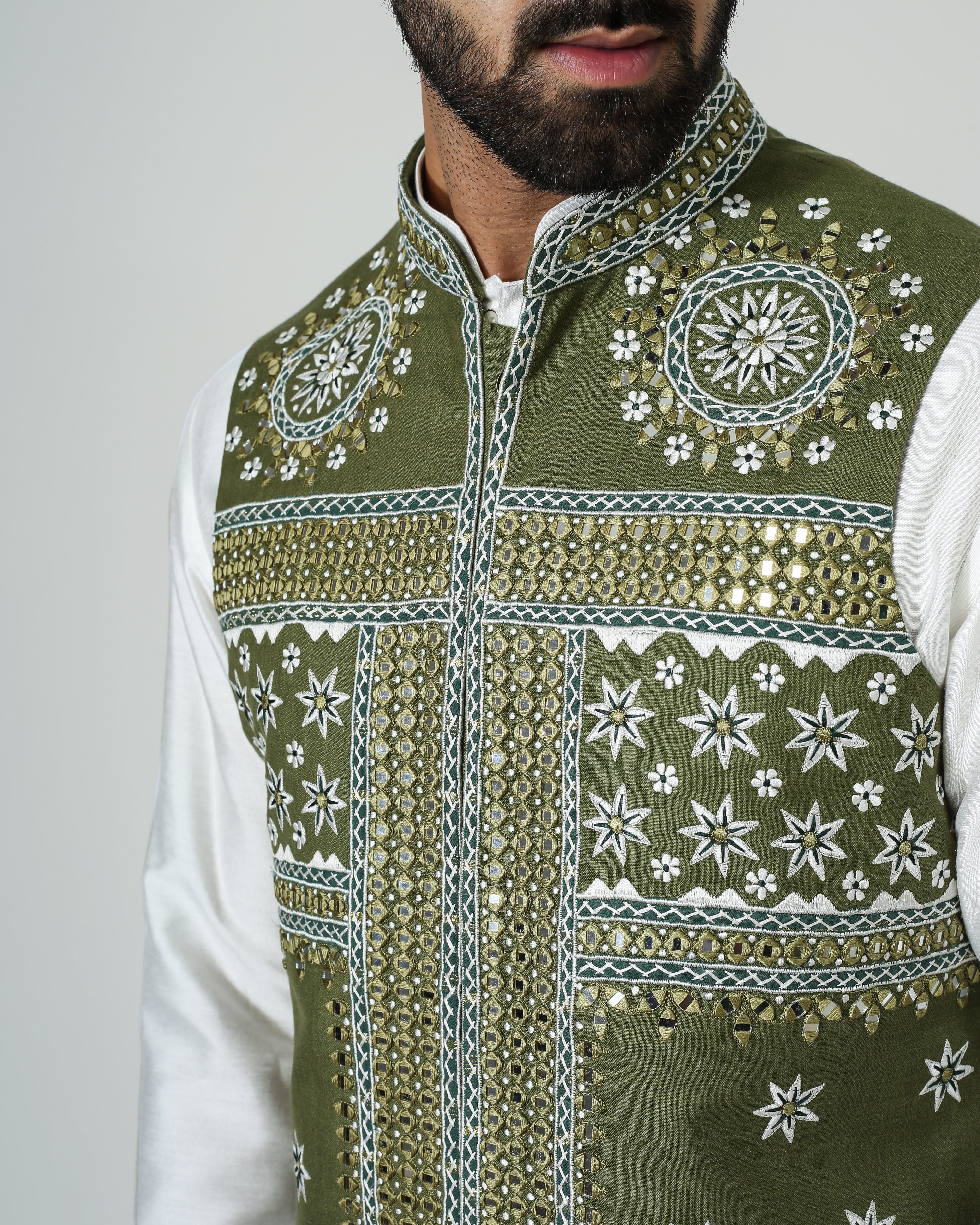 Offwhite Mirror Work Kurta With Green Mirror Work Nehru Jacket