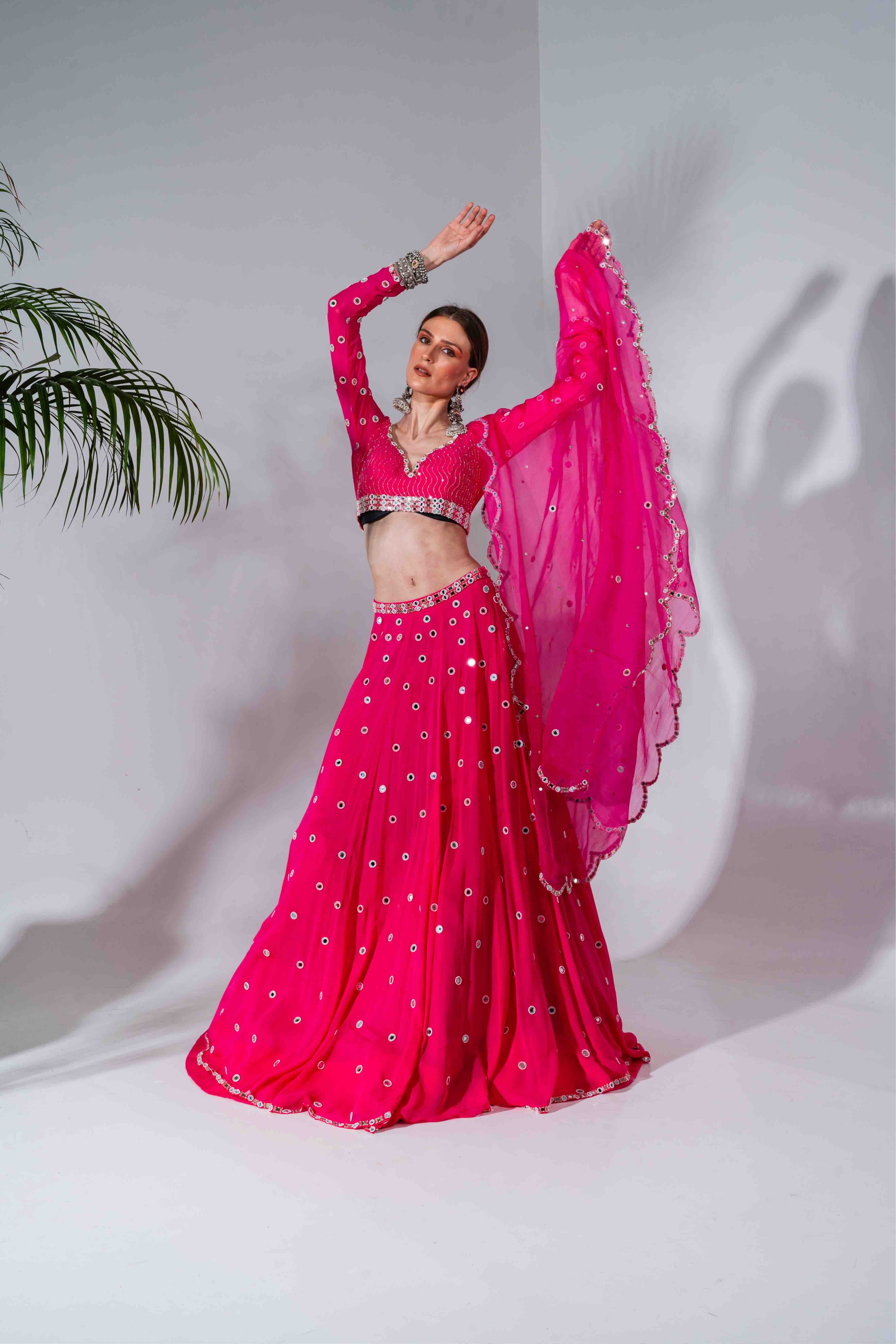 Fuchsia Georgette Mirror Embroidered Lehenga Set