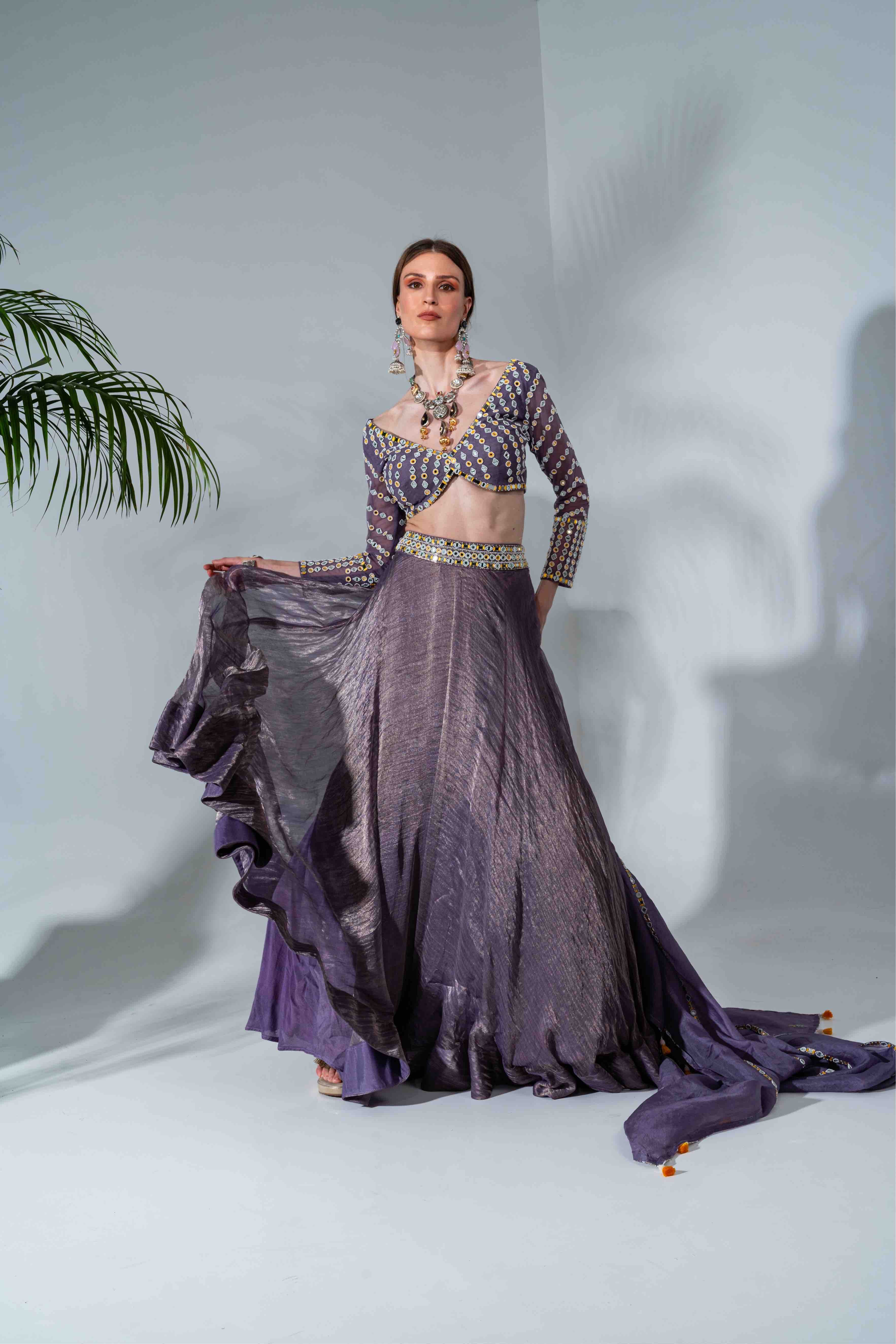 Purple Tissue Silk Mirrorwork Blouse Lehenga Set