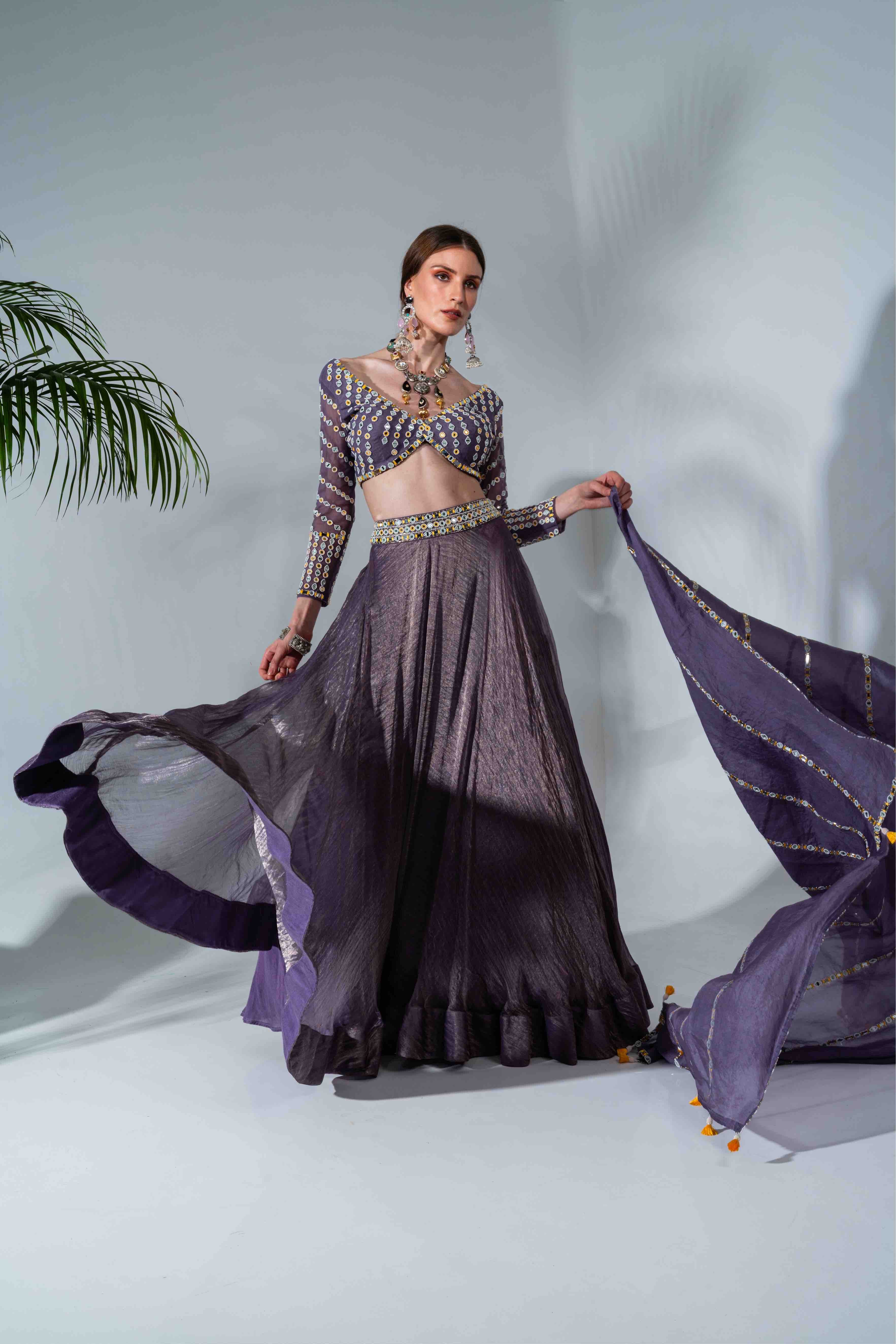 Purple Tissue Silk Mirrorwork Blouse Lehenga Set