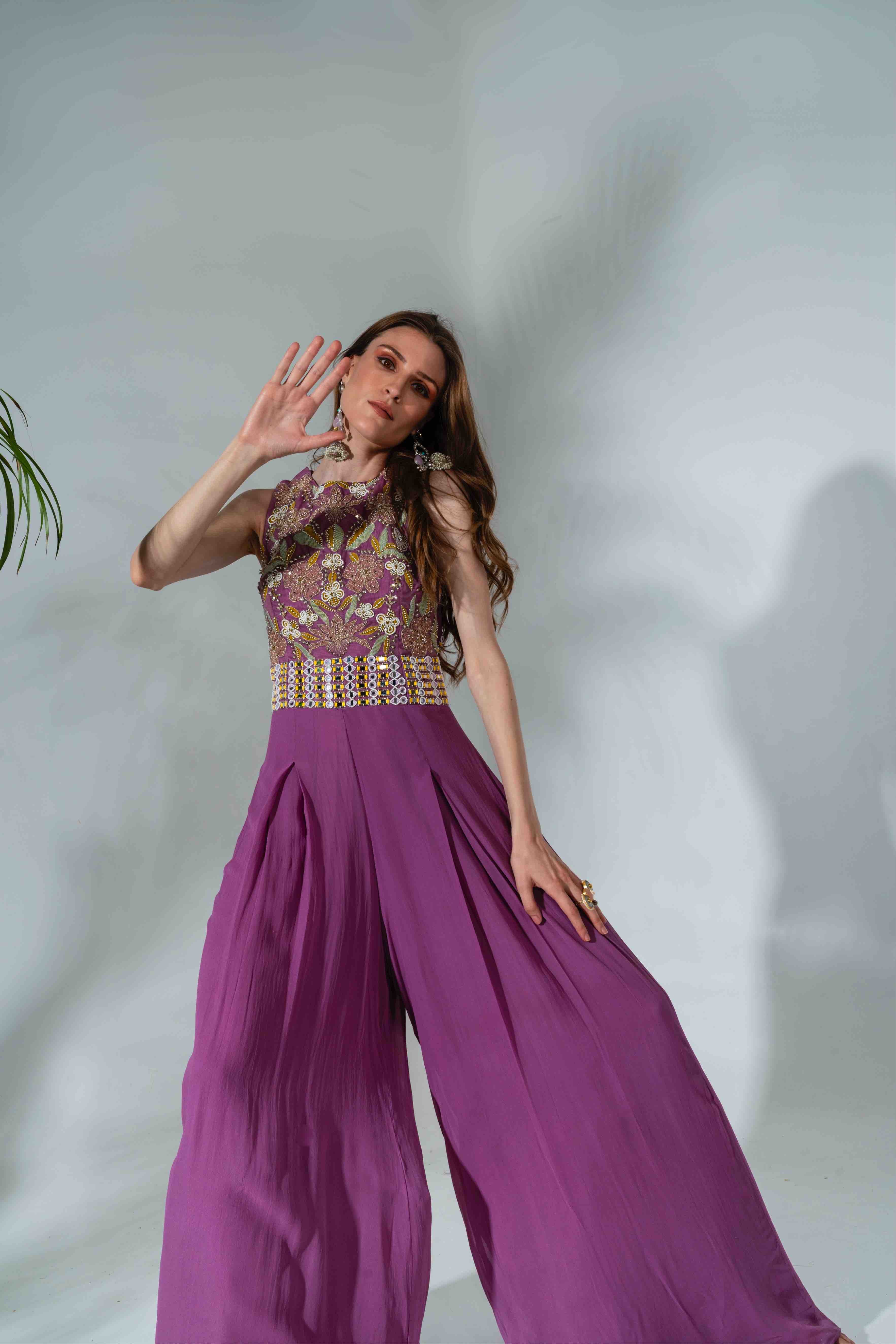 Lilac Georgette Cutdana Embellished Bodice Jumpsuit