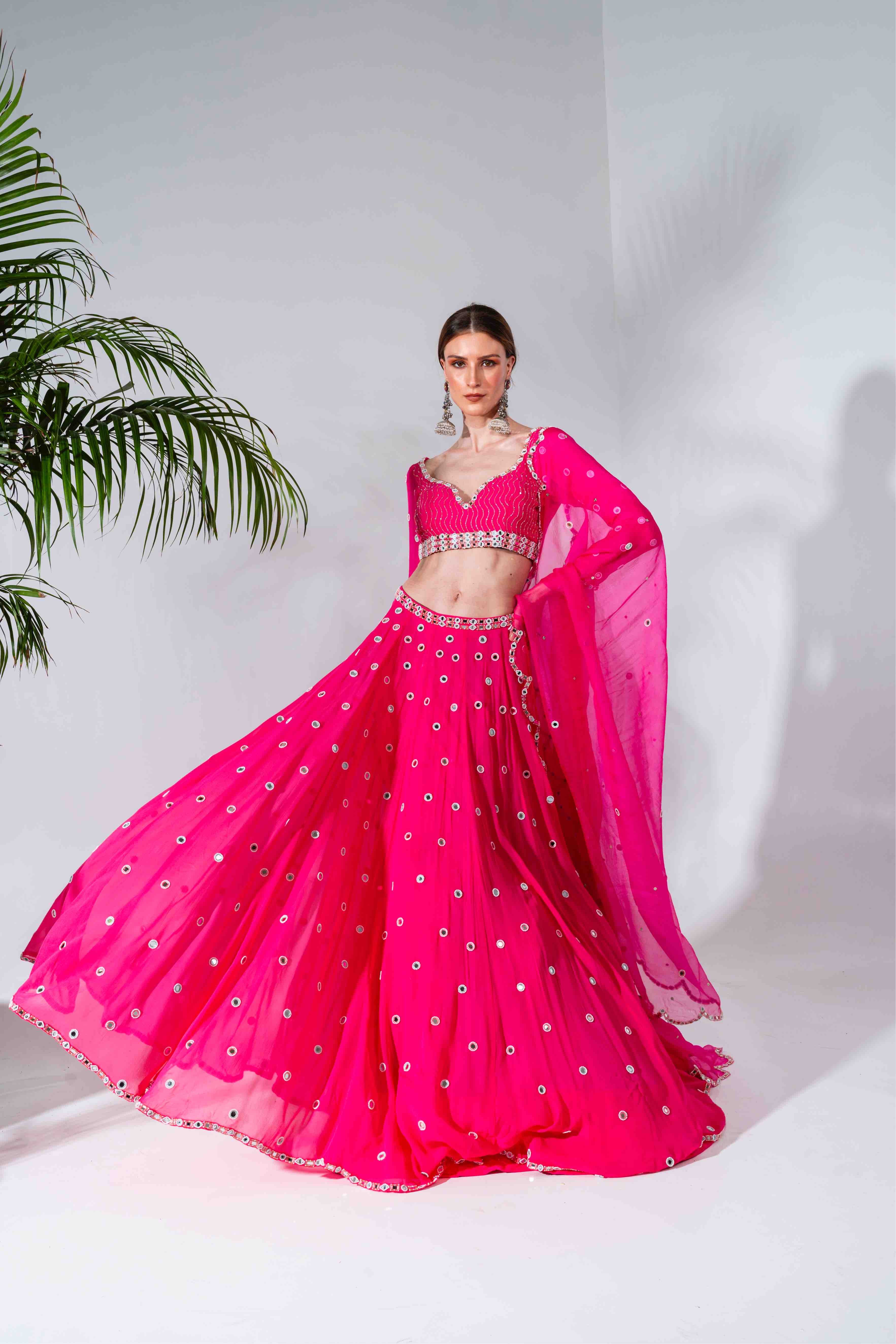 Fuchsia Georgette Mirror Embroidered Lehenga Set