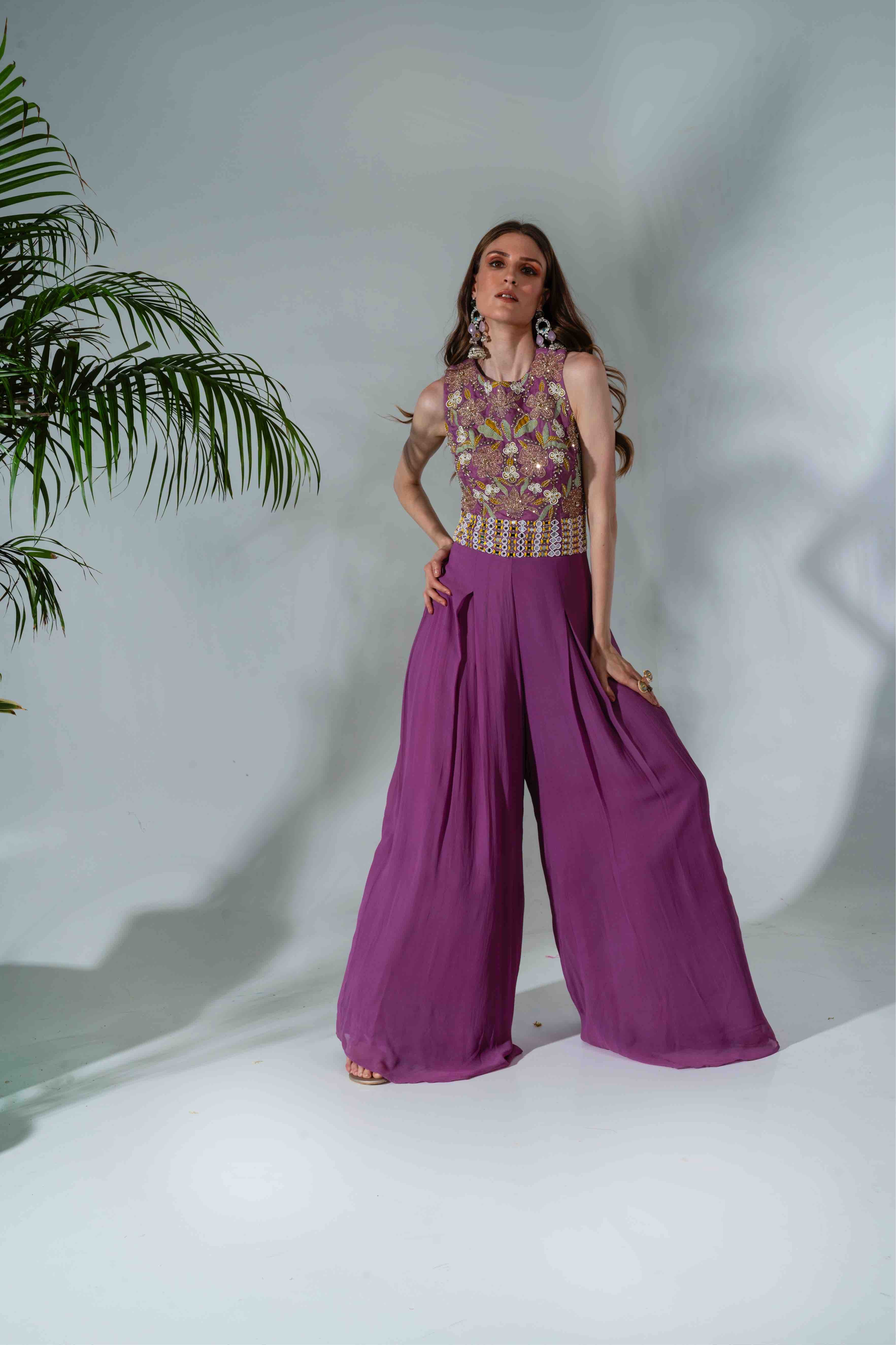 Lilac Georgette Cutdana Embellished Bodice Jumpsuit