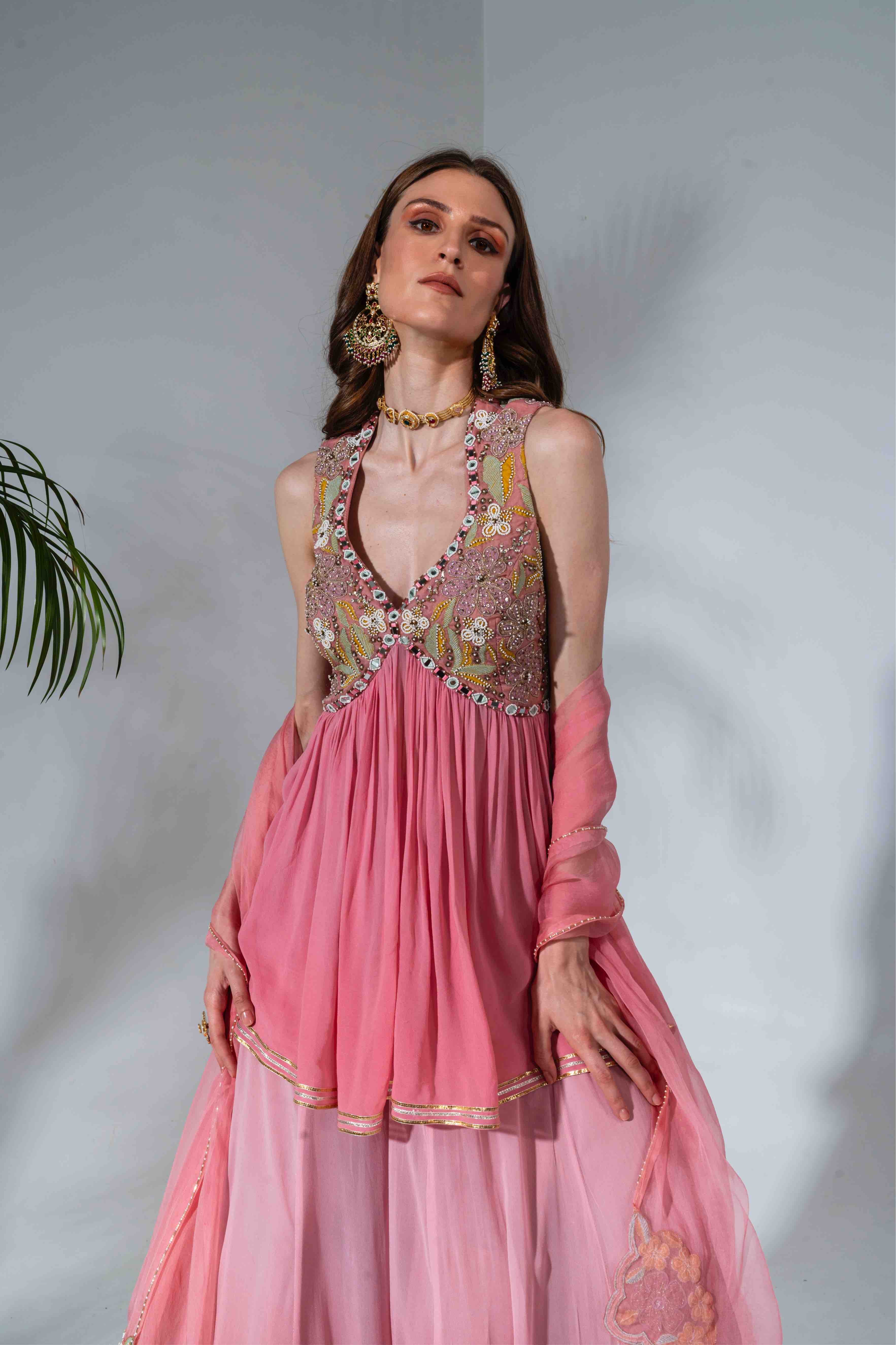 Pink Mirror And Bead Embellished Kurta Gharara Set
