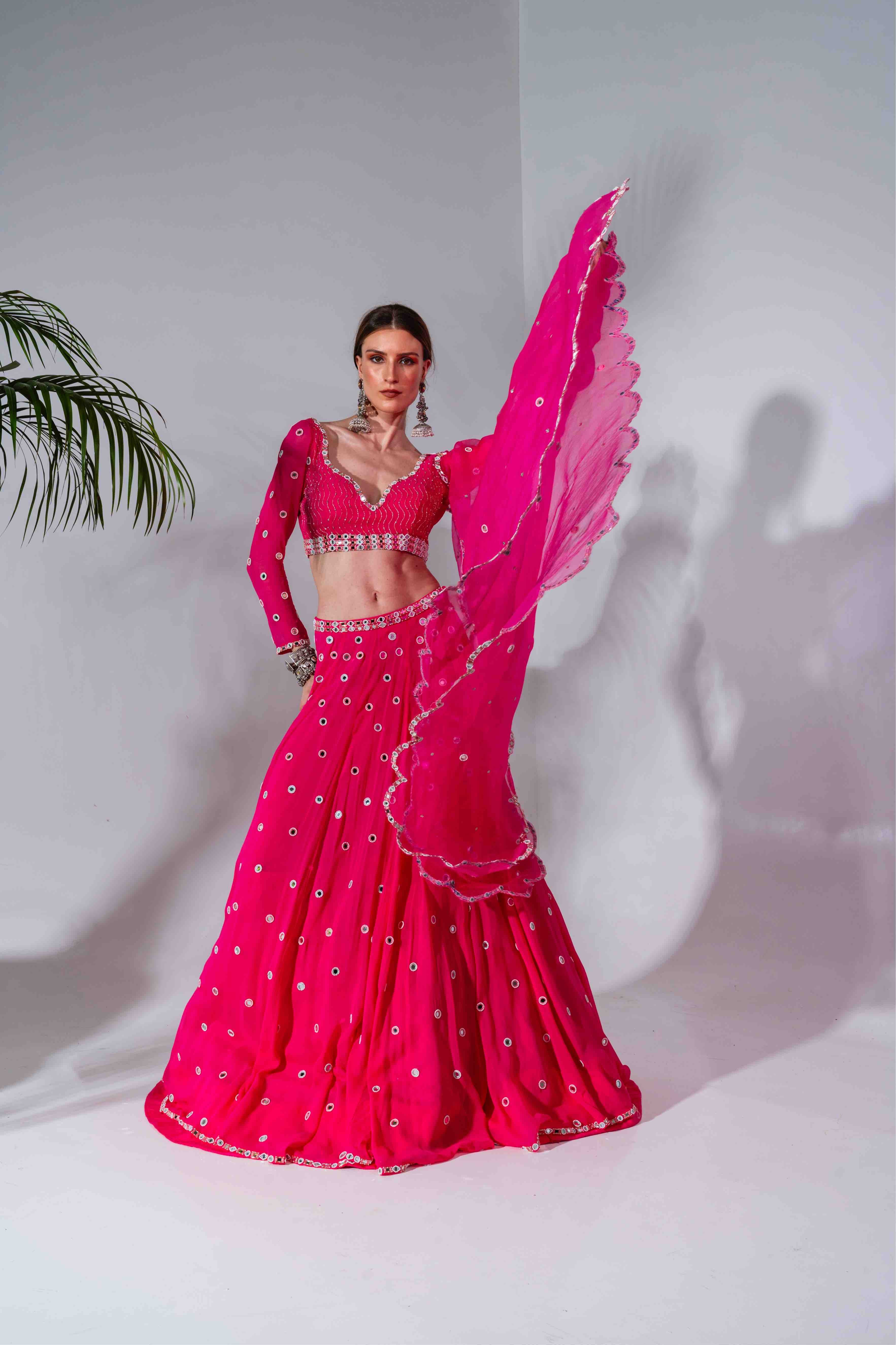 Fuchsia Georgette Mirror Embroidered Lehenga Set