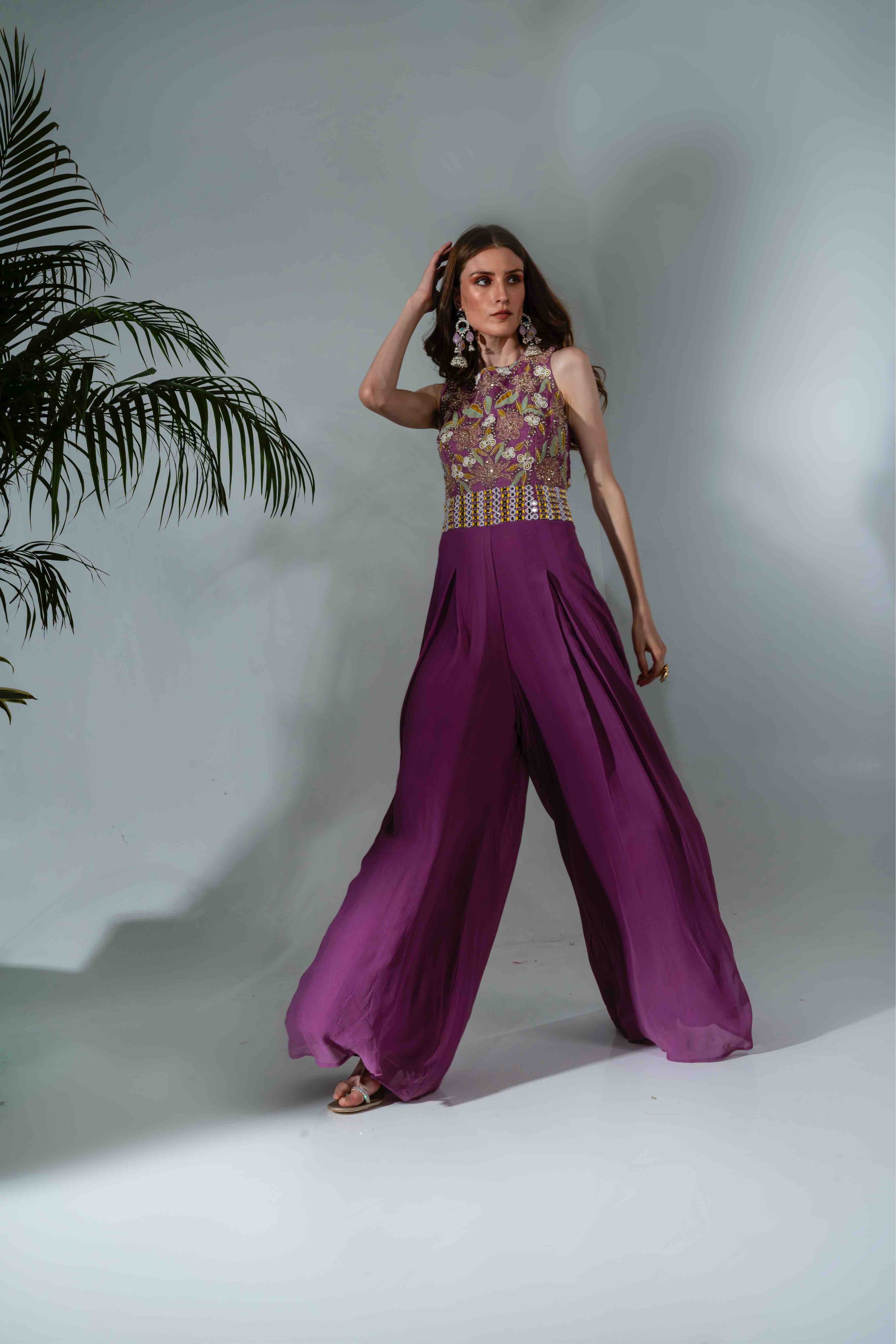 Lilac Georgette Cutdana Embellished Bodice Jumpsuit