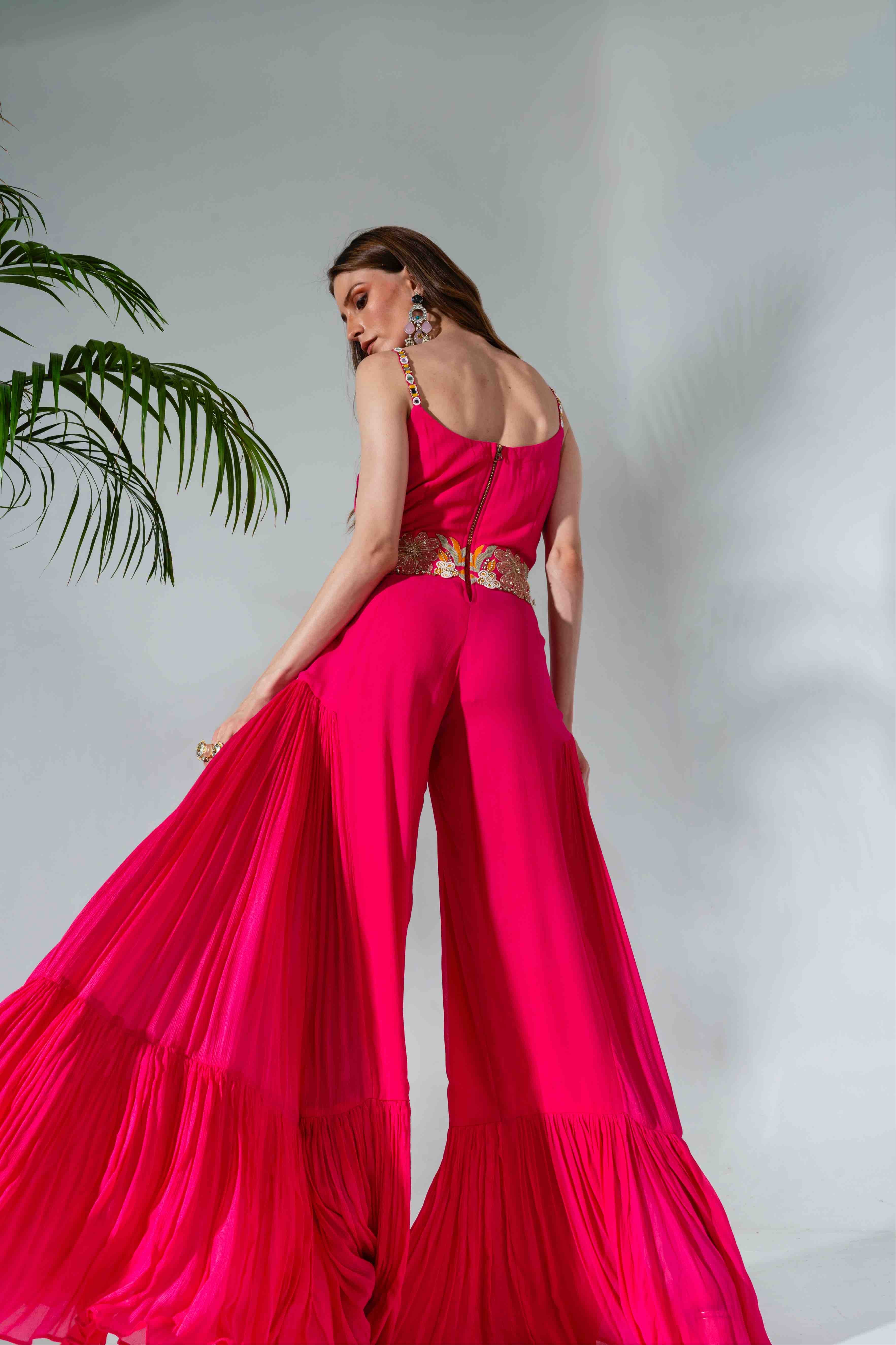Fuchsia Georgette Floral Embroidered Placement Jumpsuit