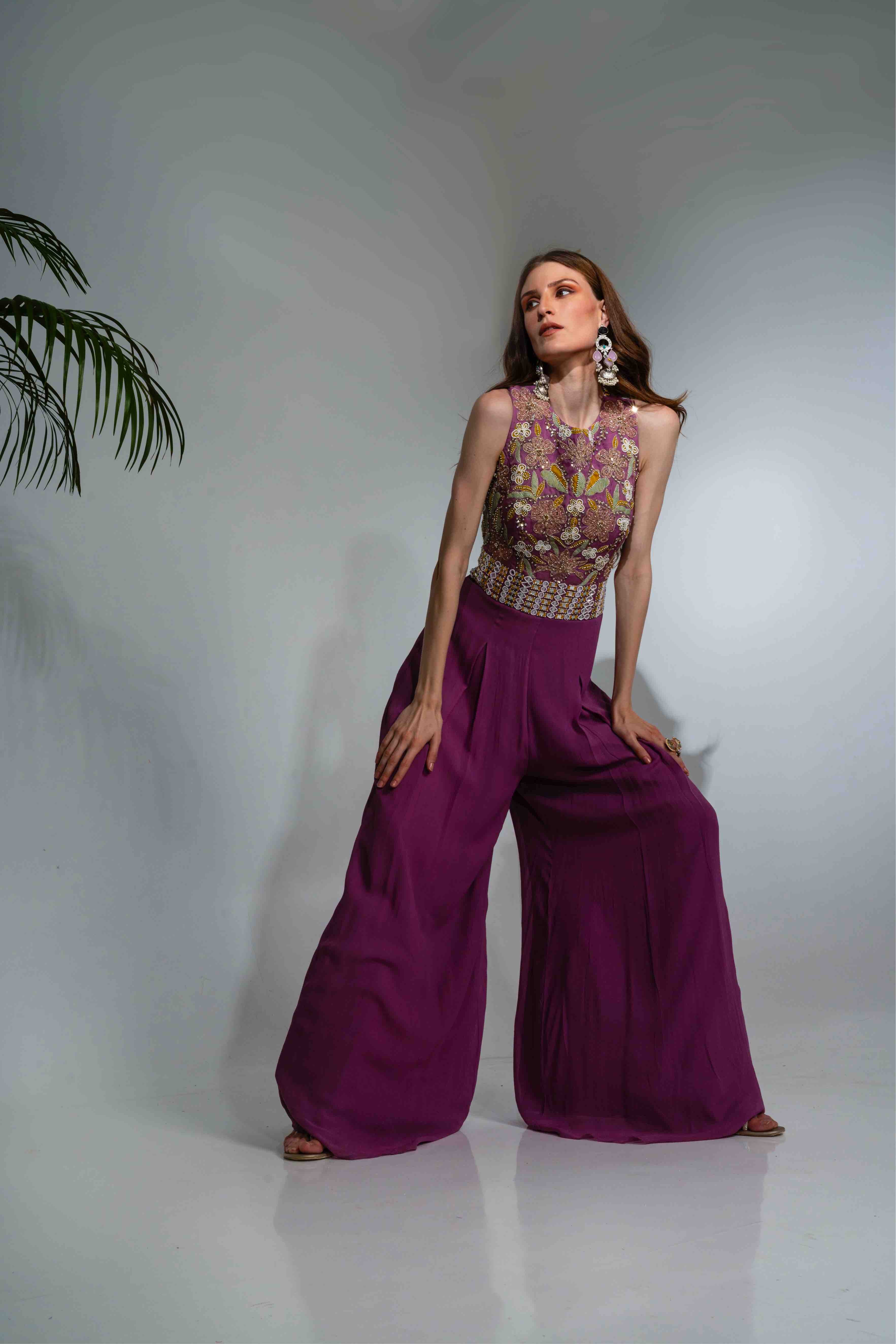 Lilac Georgette Cutdana Embellished Bodice Jumpsuit
