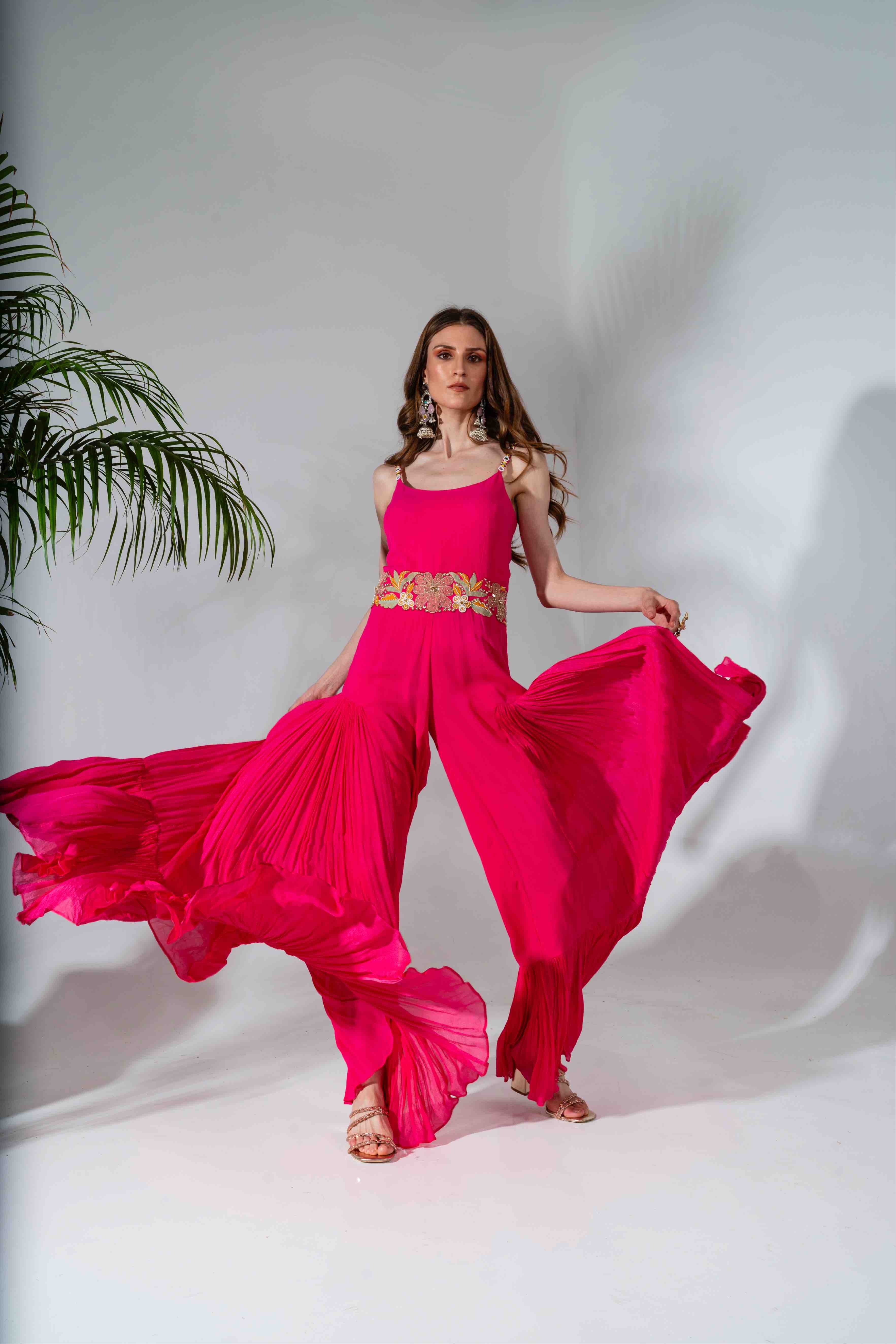 Fuchsia Georgette Floral Embroidered Placement Jumpsuit