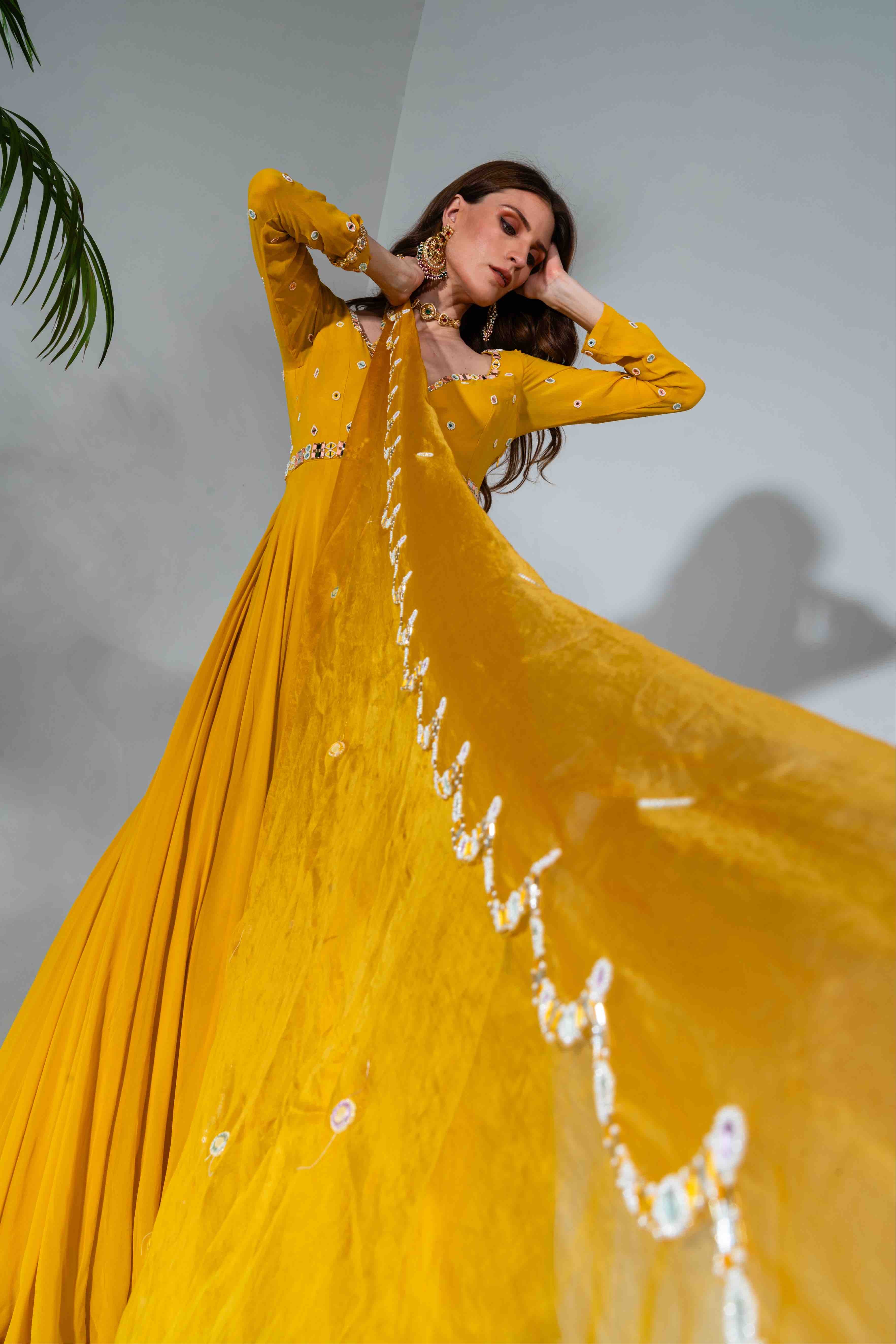 Yellow Embroidered Anarkali With Dupatta