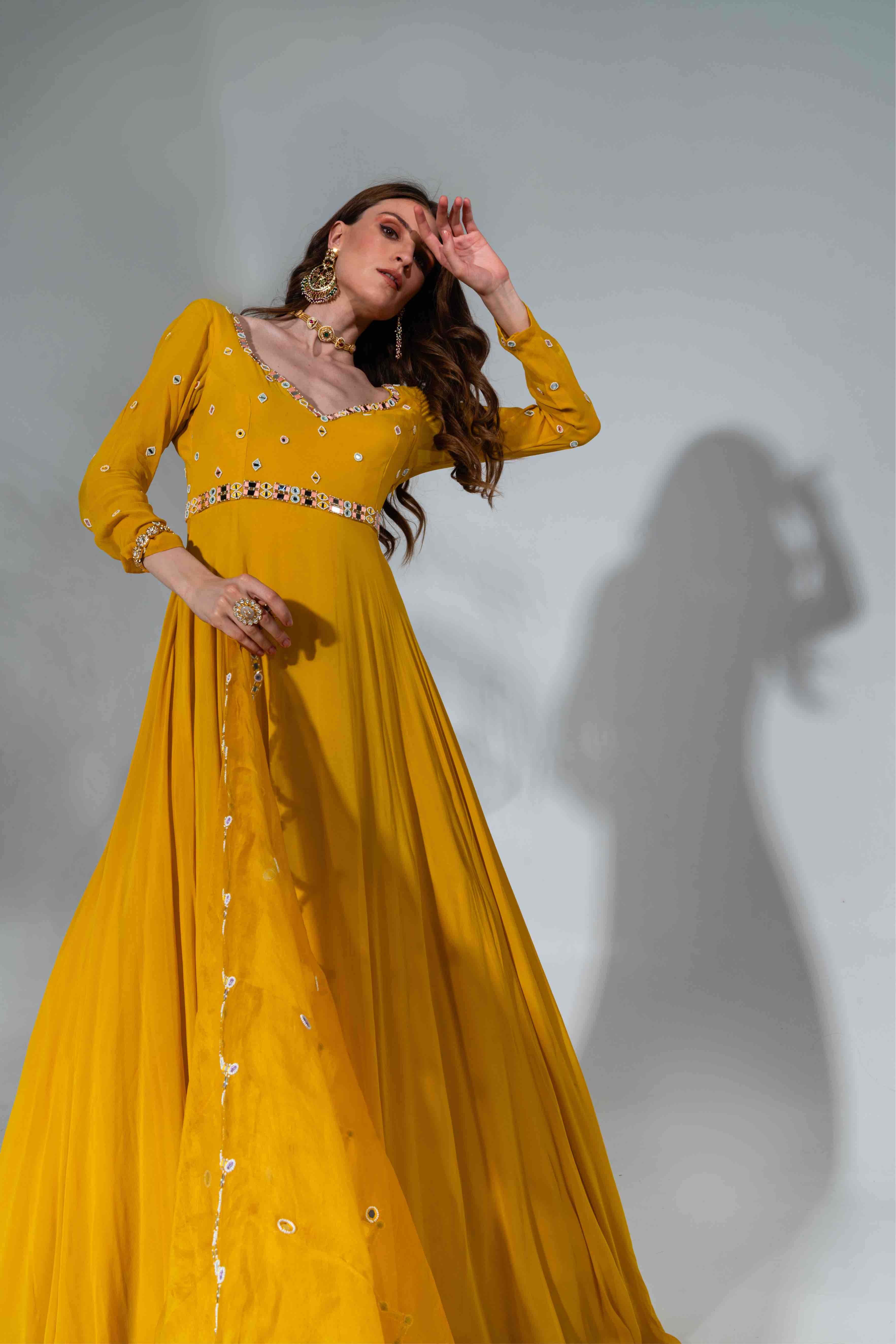 Yellow Embroidered Anarkali With Dupatta