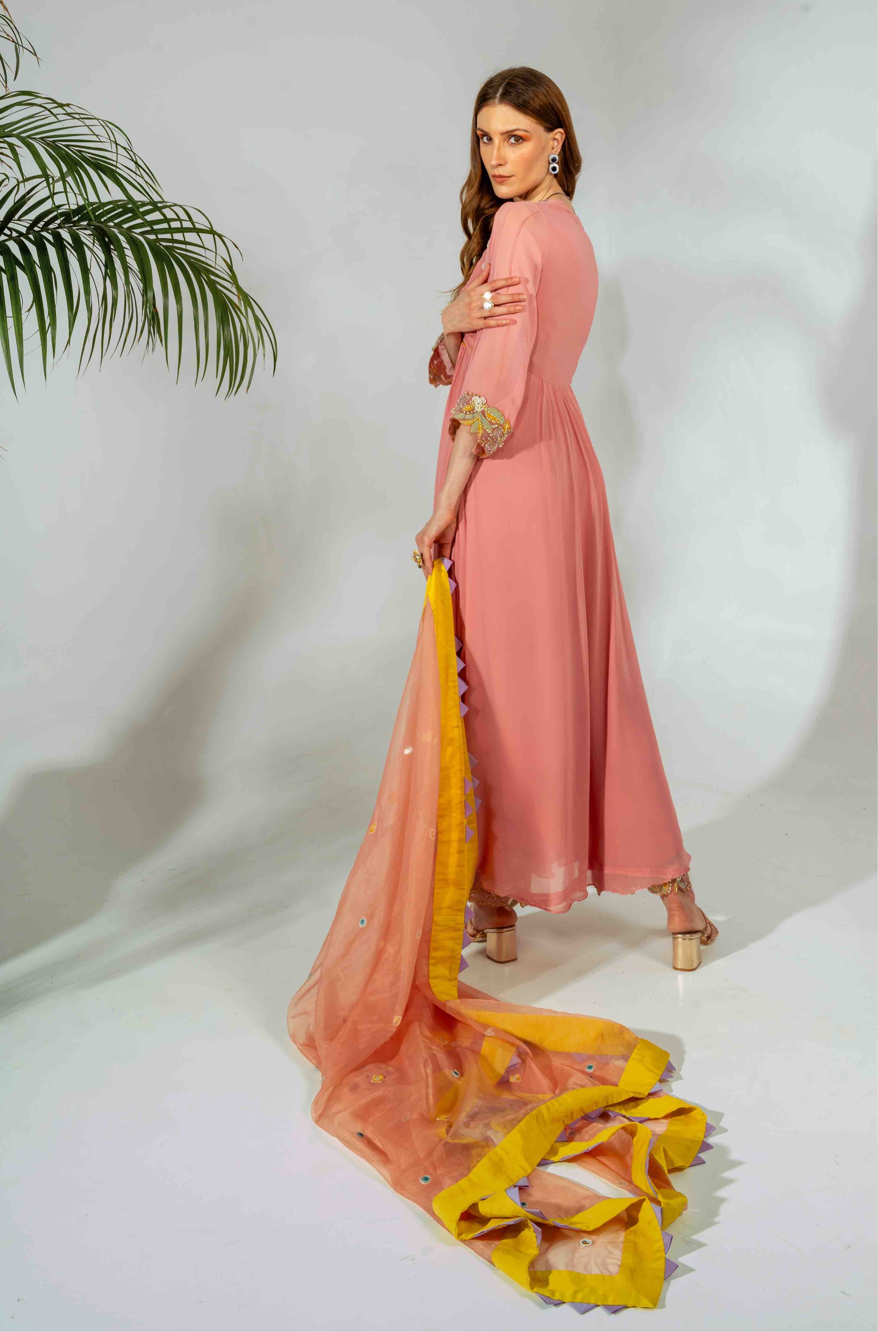 Pink Georgette Mirrorwork Yoke Anarkali Pant Set