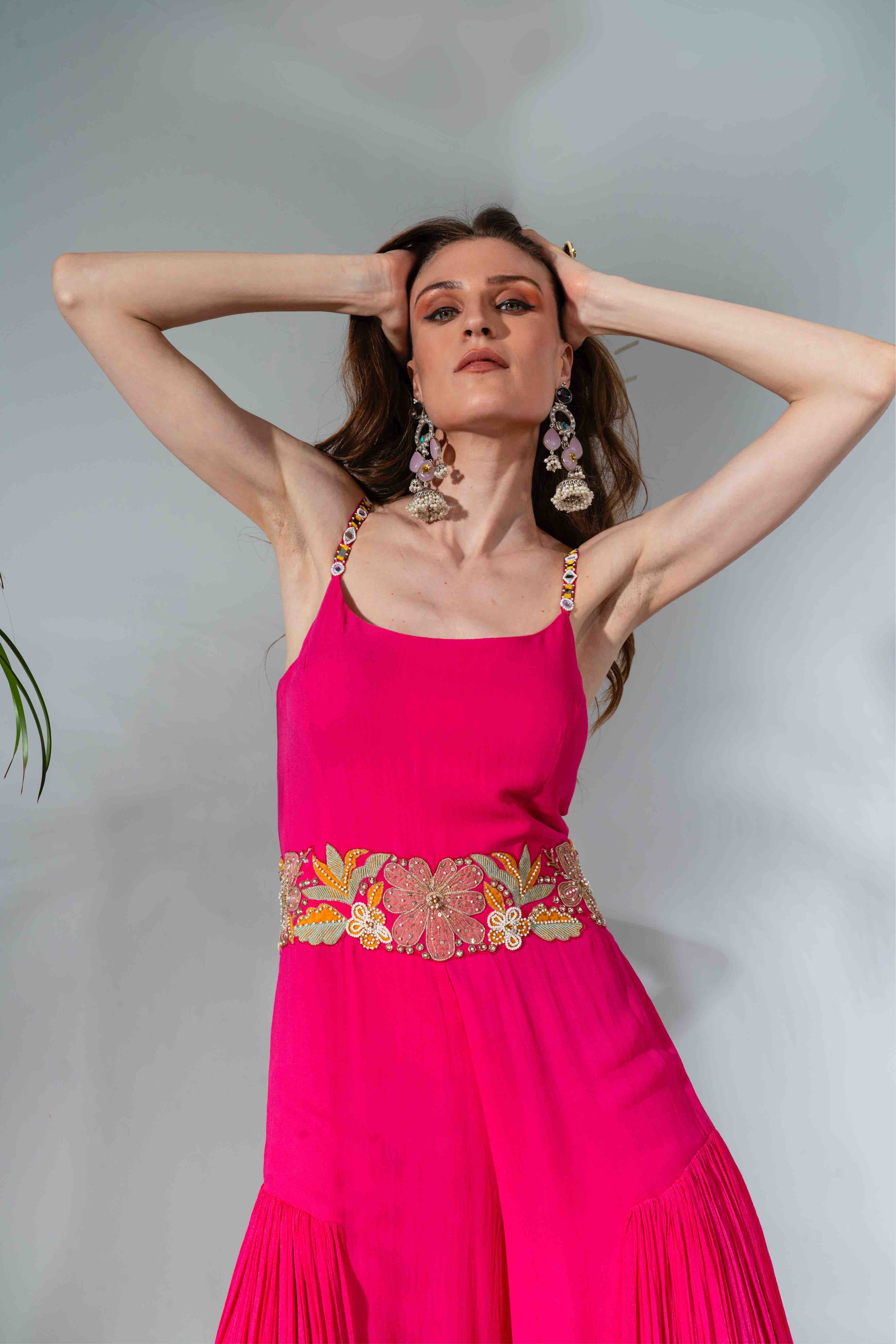 Fuchsia Georgette Floral Embroidered Placement Jumpsuit