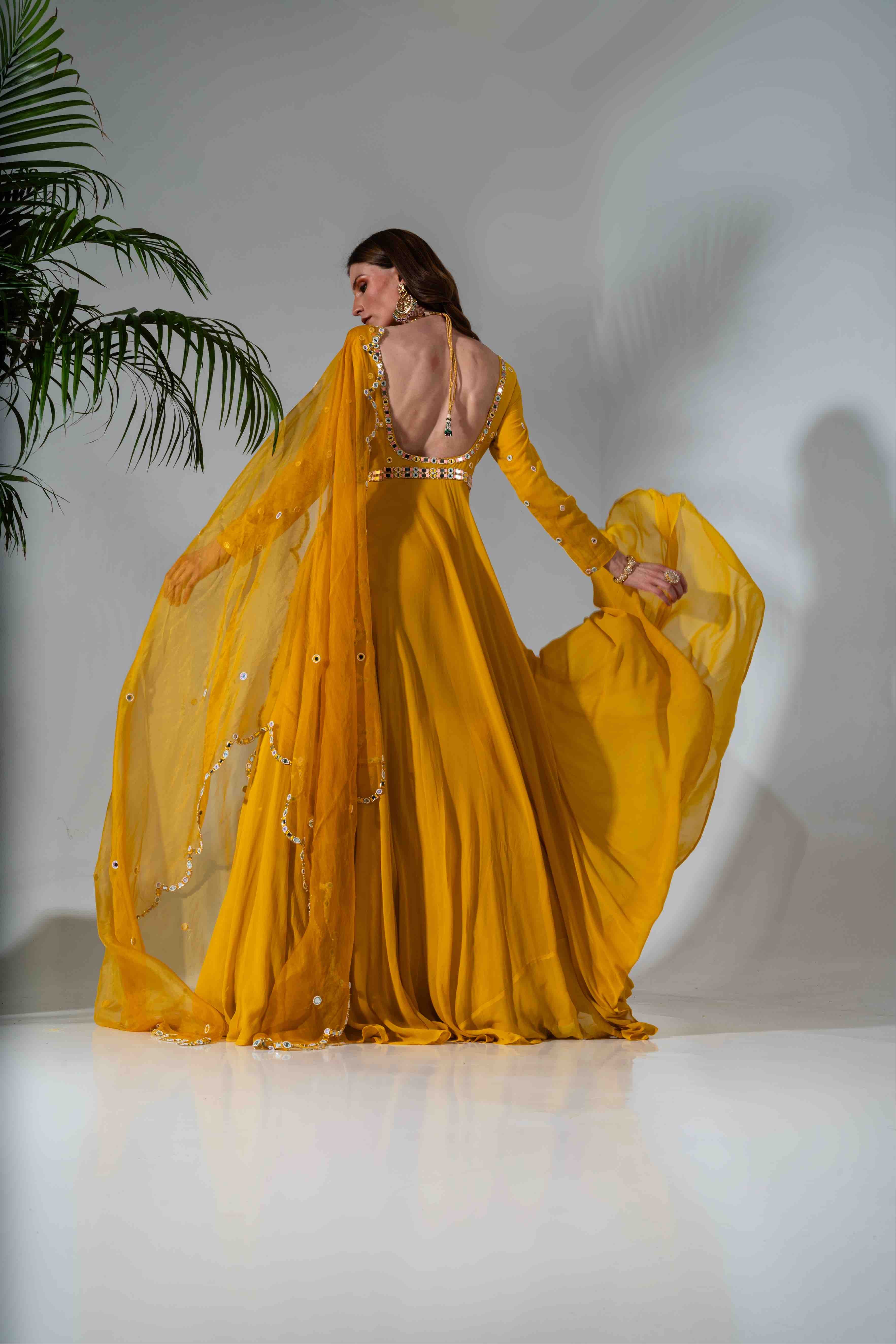 Yellow Embroidered Anarkali With Dupatta