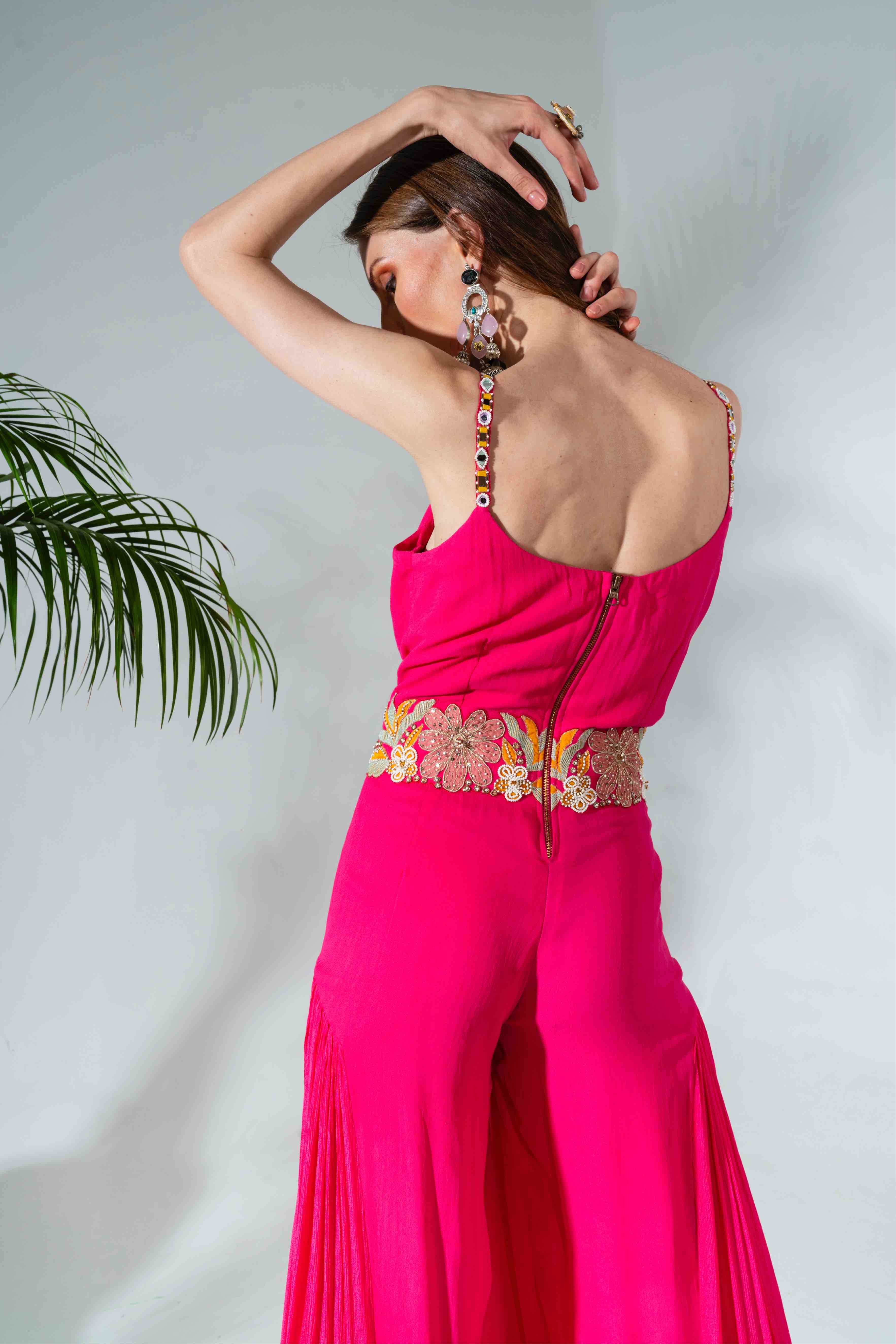 Fuchsia Georgette Floral Embroidered Placement Jumpsuit