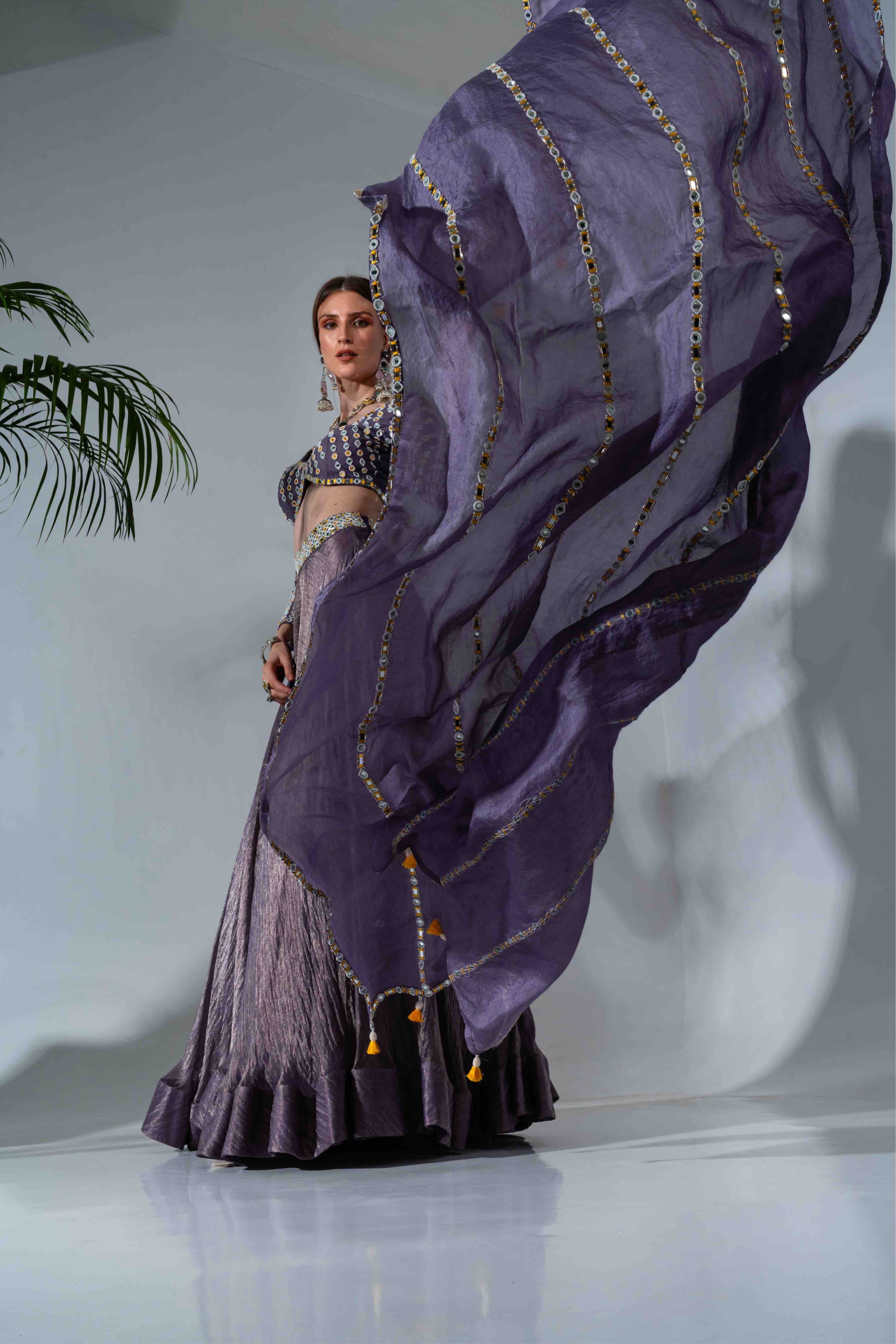 Purple Tissue Silk Mirrorwork Blouse Lehenga Set