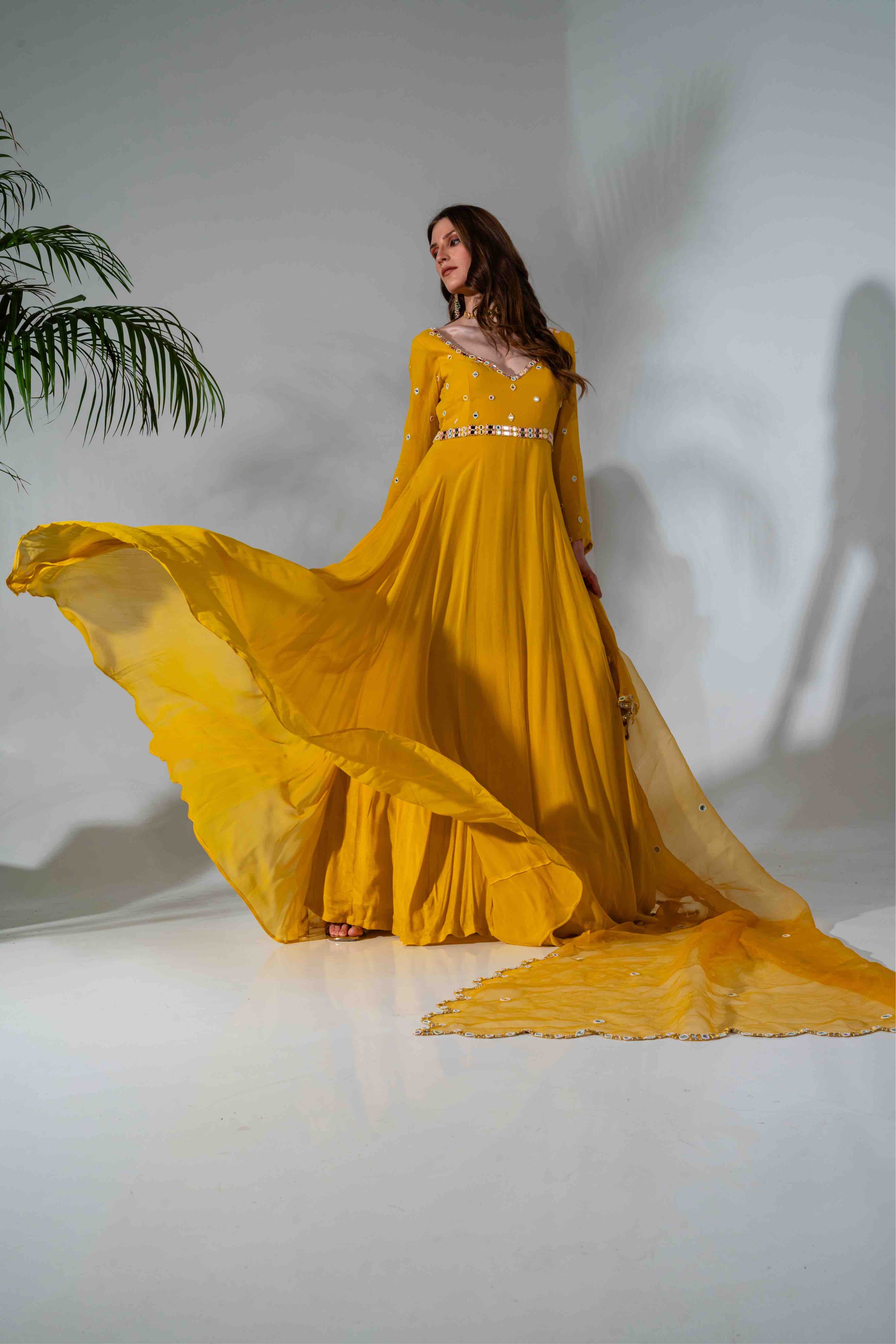 Yellow Embroidered Anarkali With Dupatta