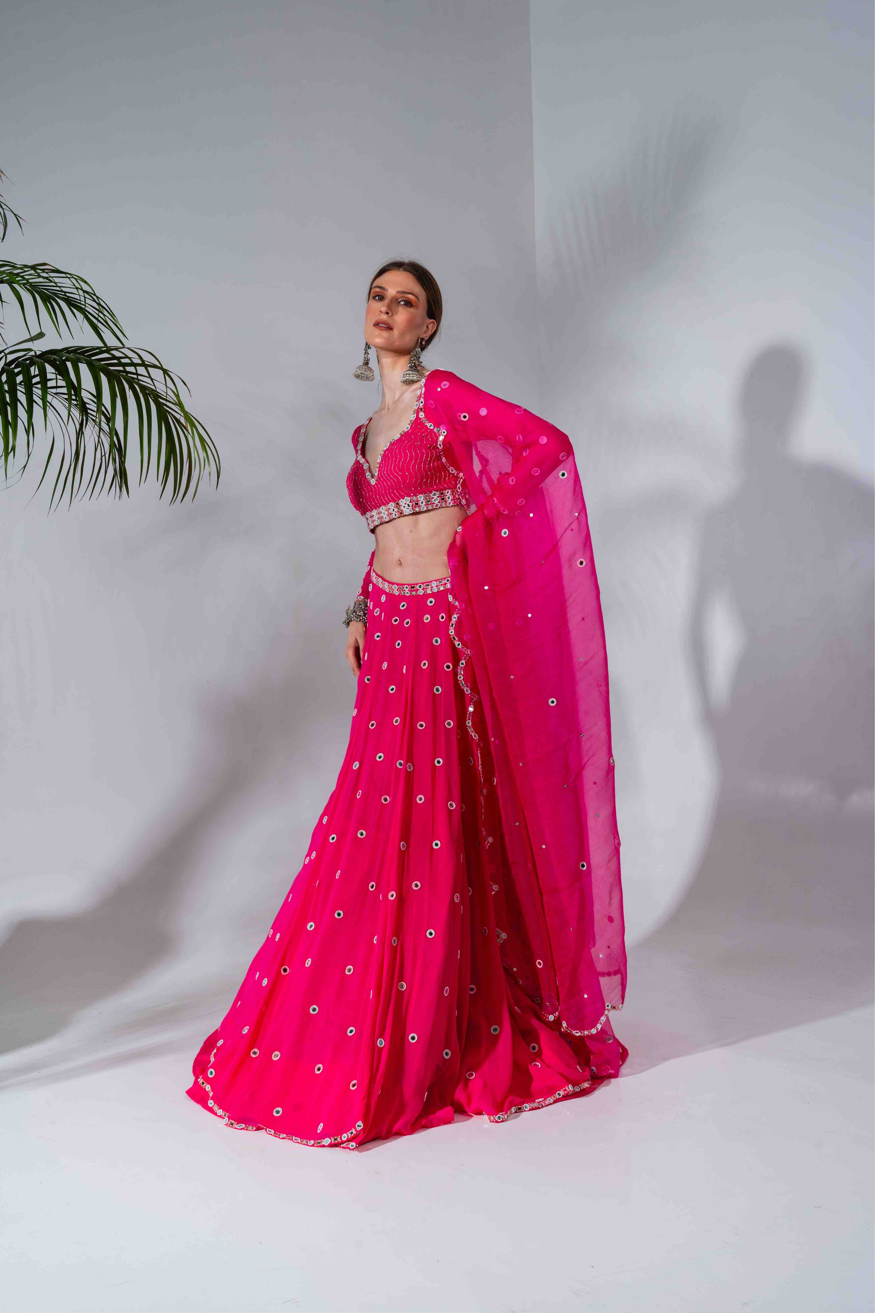 Fuchsia Georgette Mirror Embroidered Lehenga Set