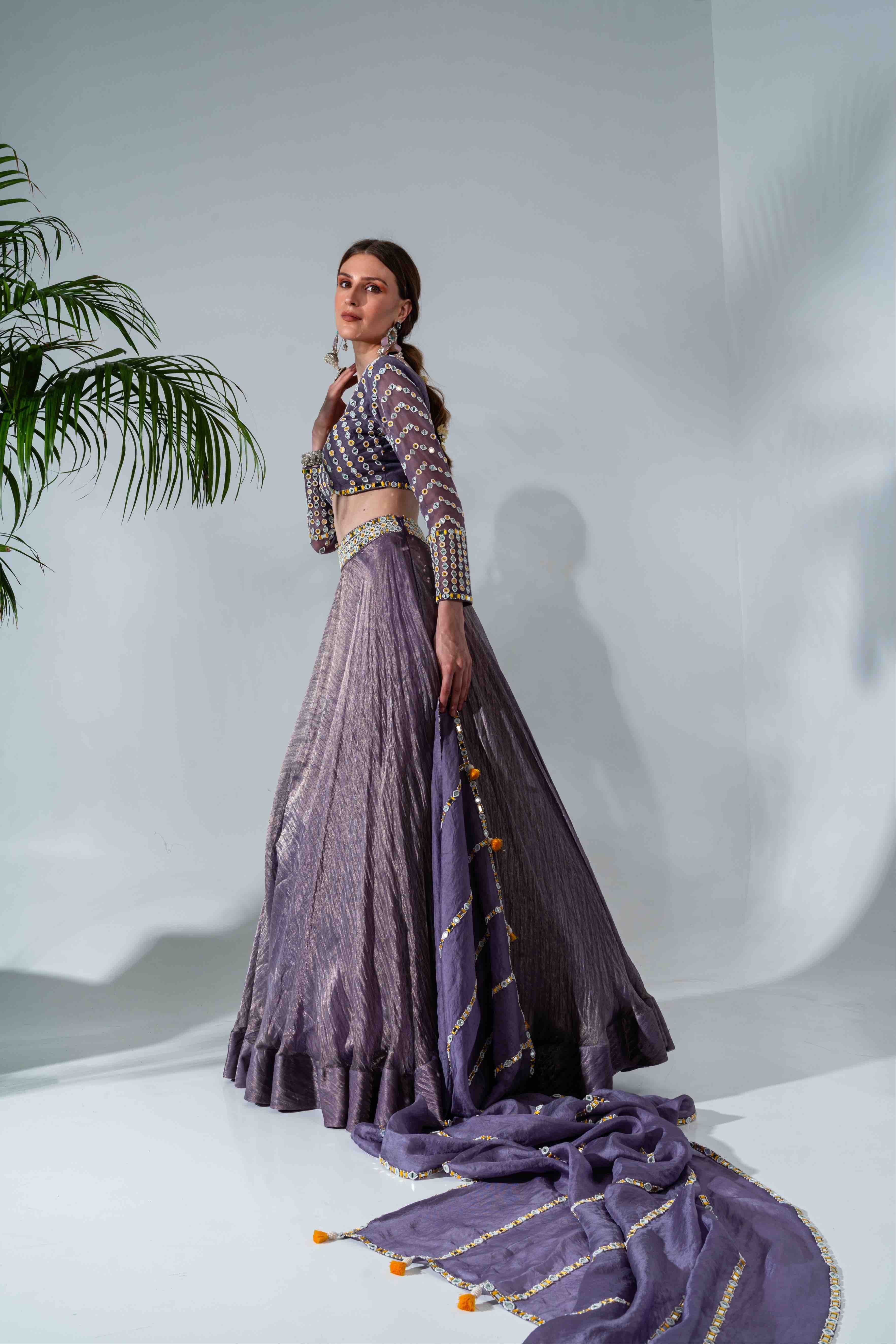 Purple Tissue Silk Mirrorwork Blouse Lehenga Set