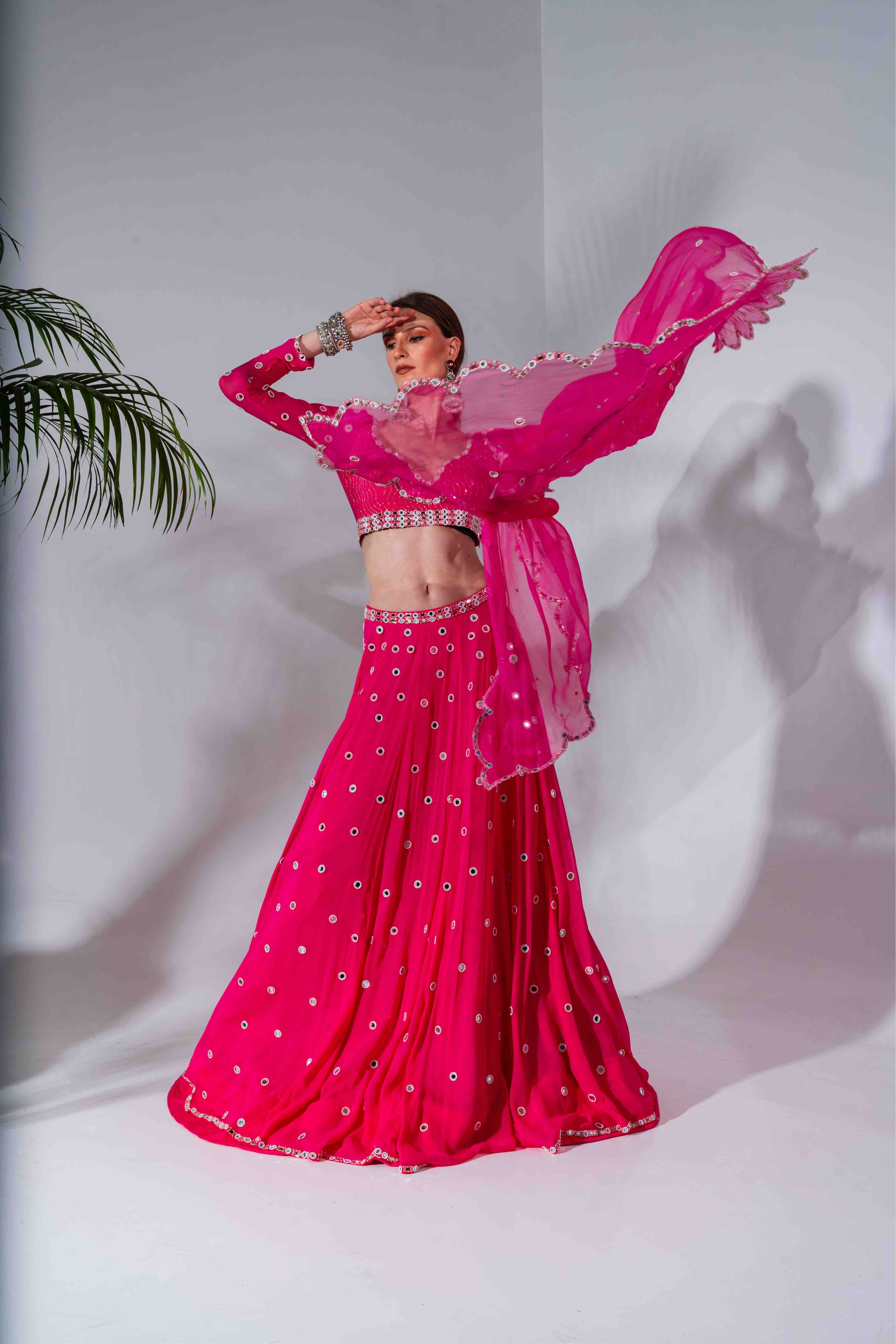 Fuchsia Georgette Mirror Embroidered Lehenga Set