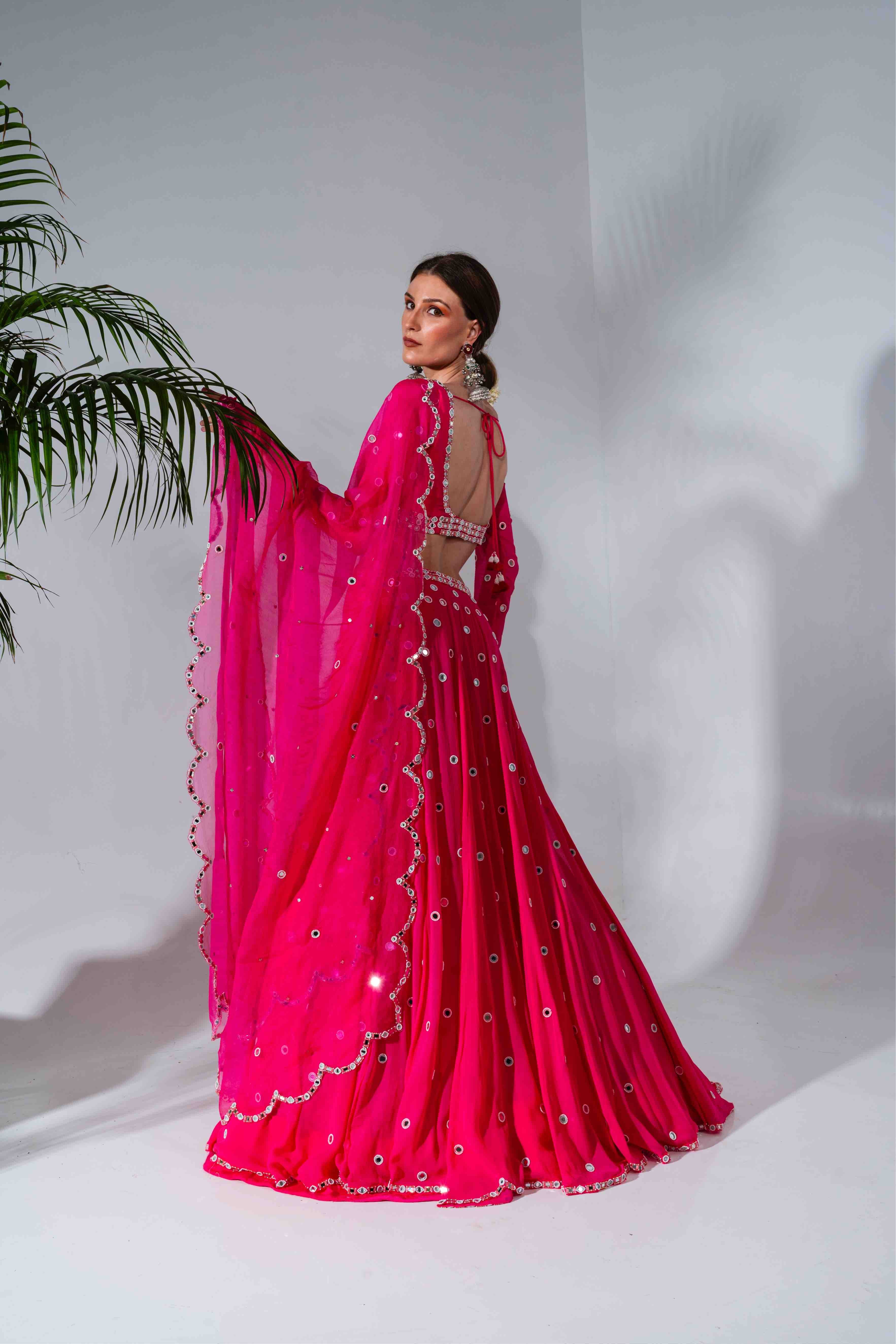 Fuchsia Georgette Mirror Embroidered Lehenga Set