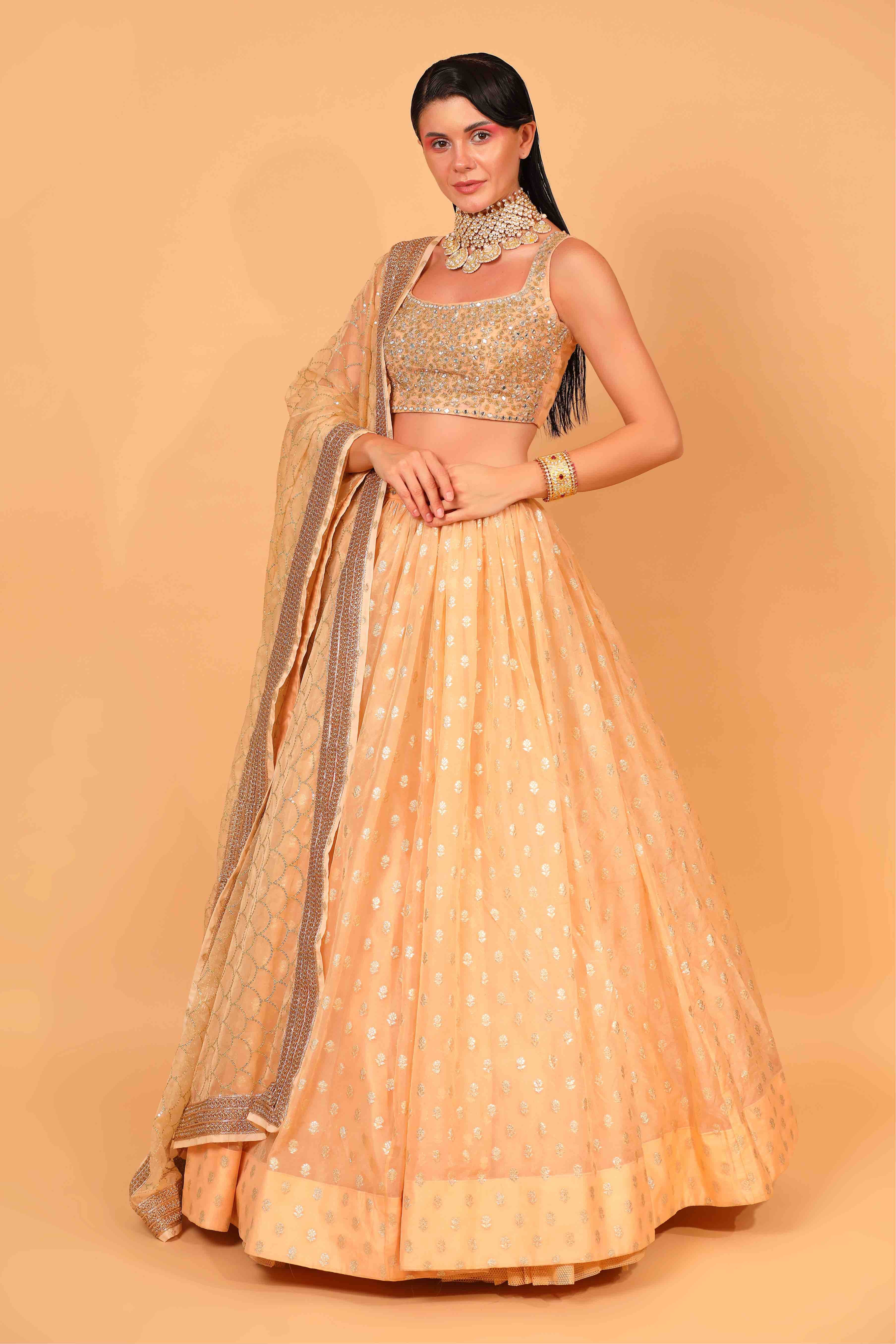 Peach Banarasi Organza Lehenga Set