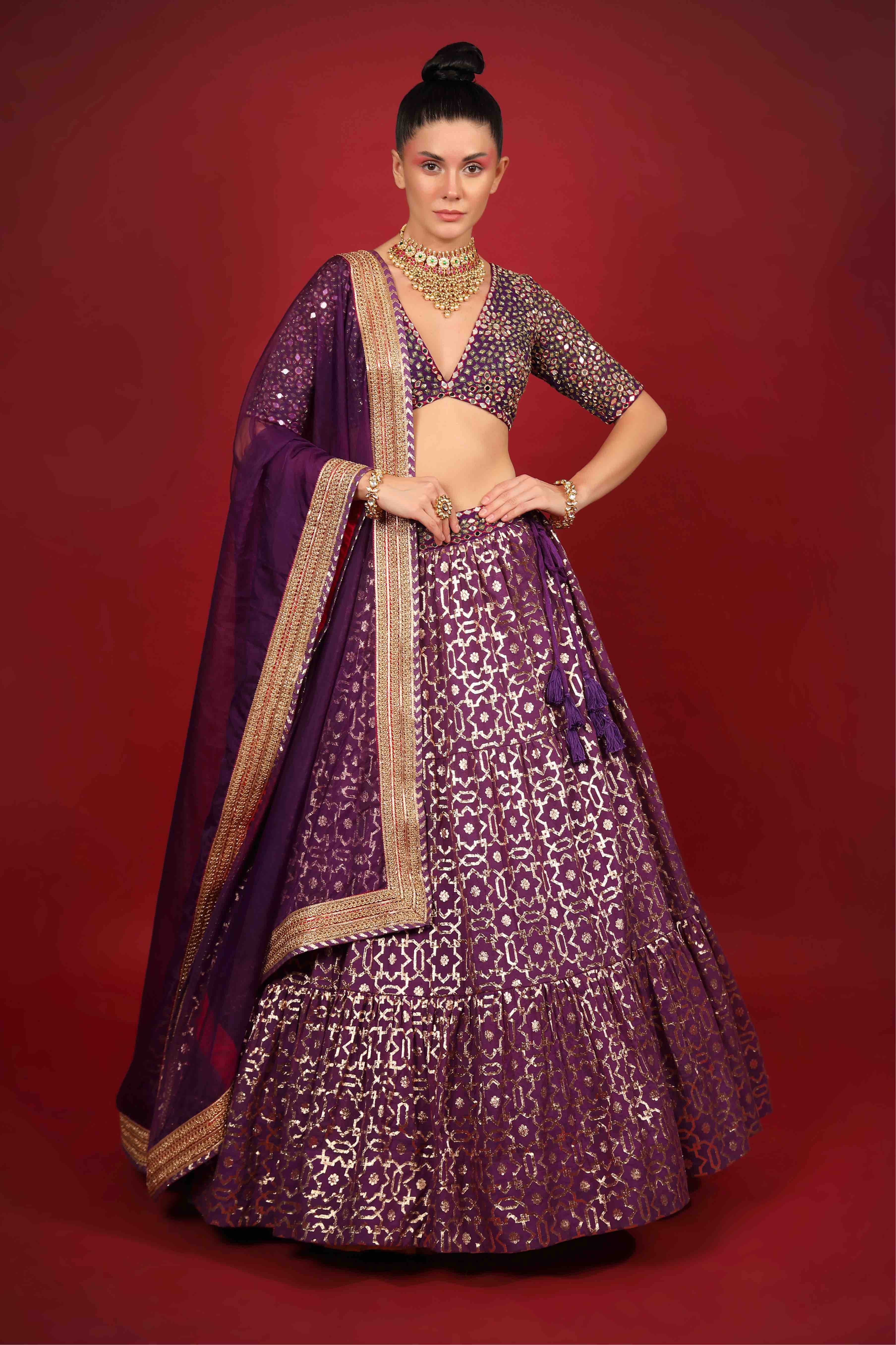 Purple Banarasi Chanderi Tiered Lehenga Set