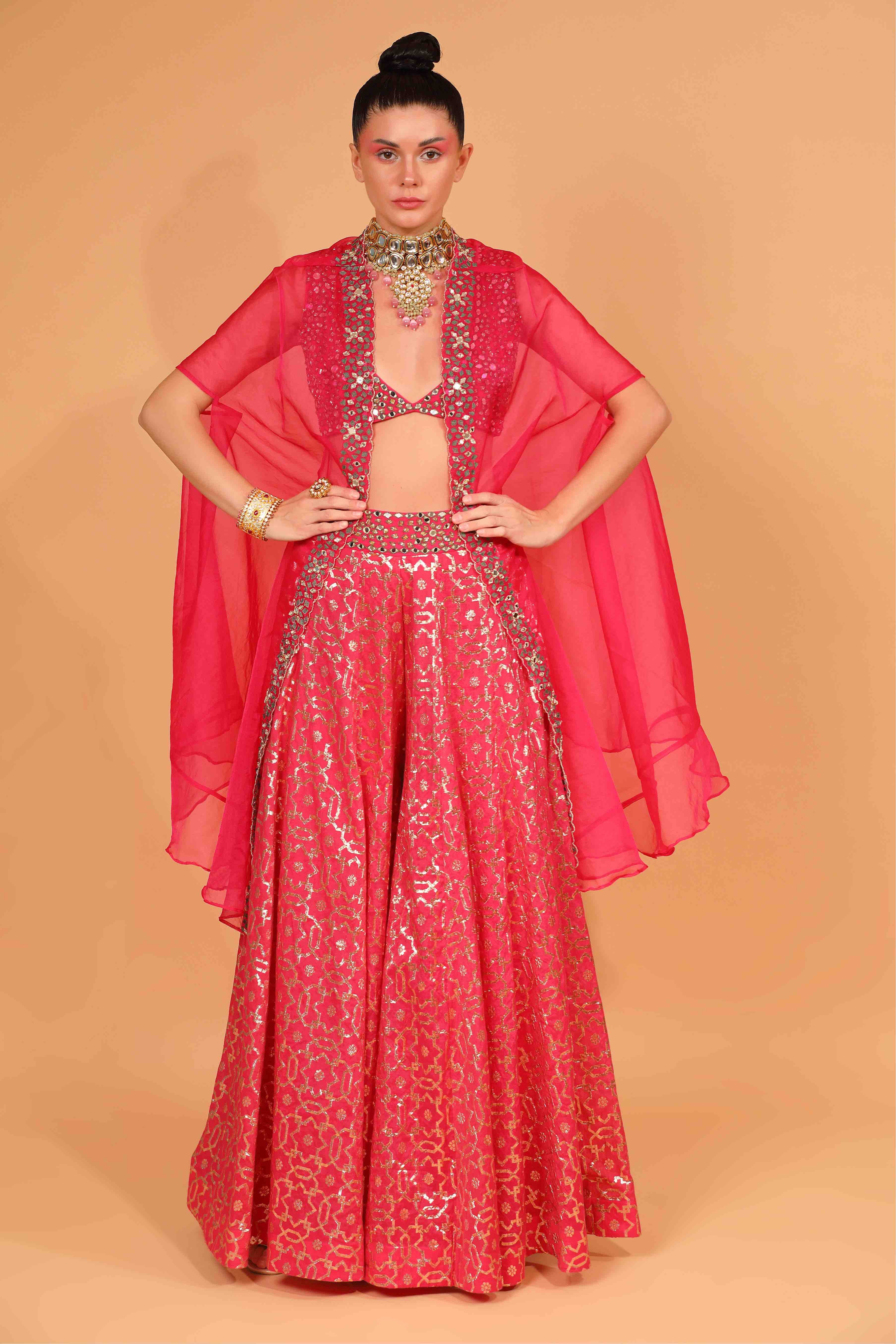 Fuchsia Banarasi Chanderi Sharara Set With Cape