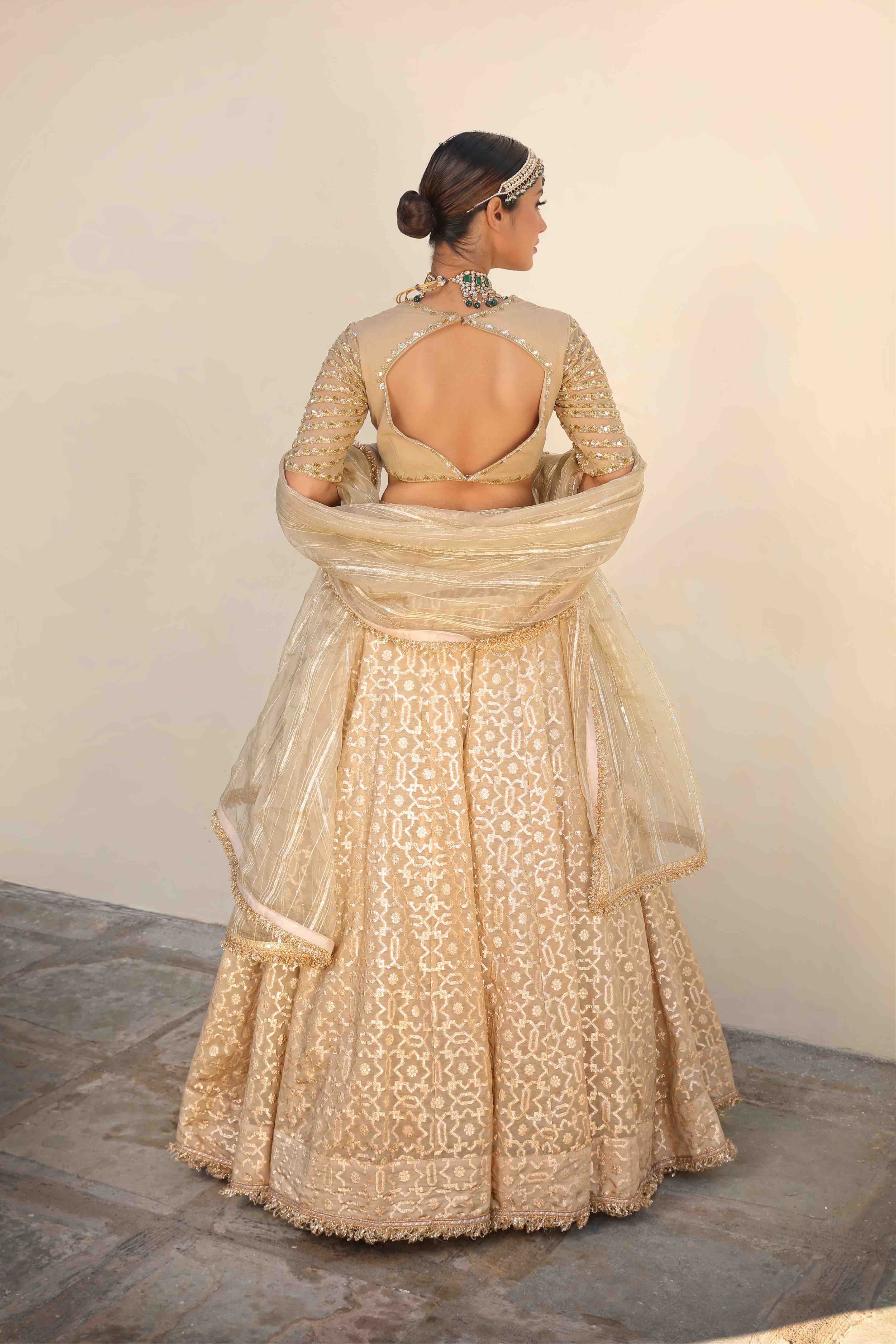 Beige Net Woven Geometric Pattern Lehenga Set