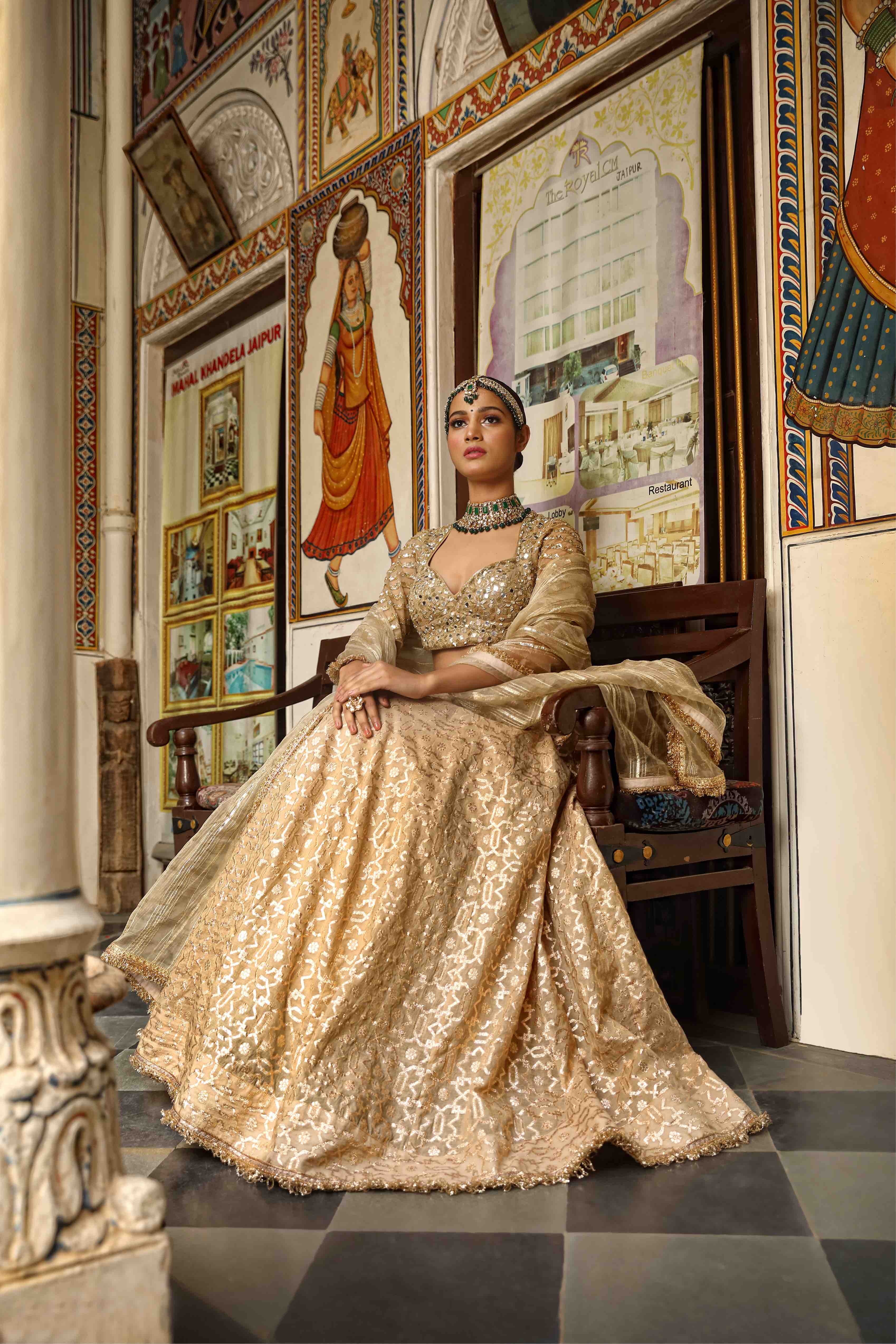 Beige Net Woven Geometric Pattern Lehenga Set