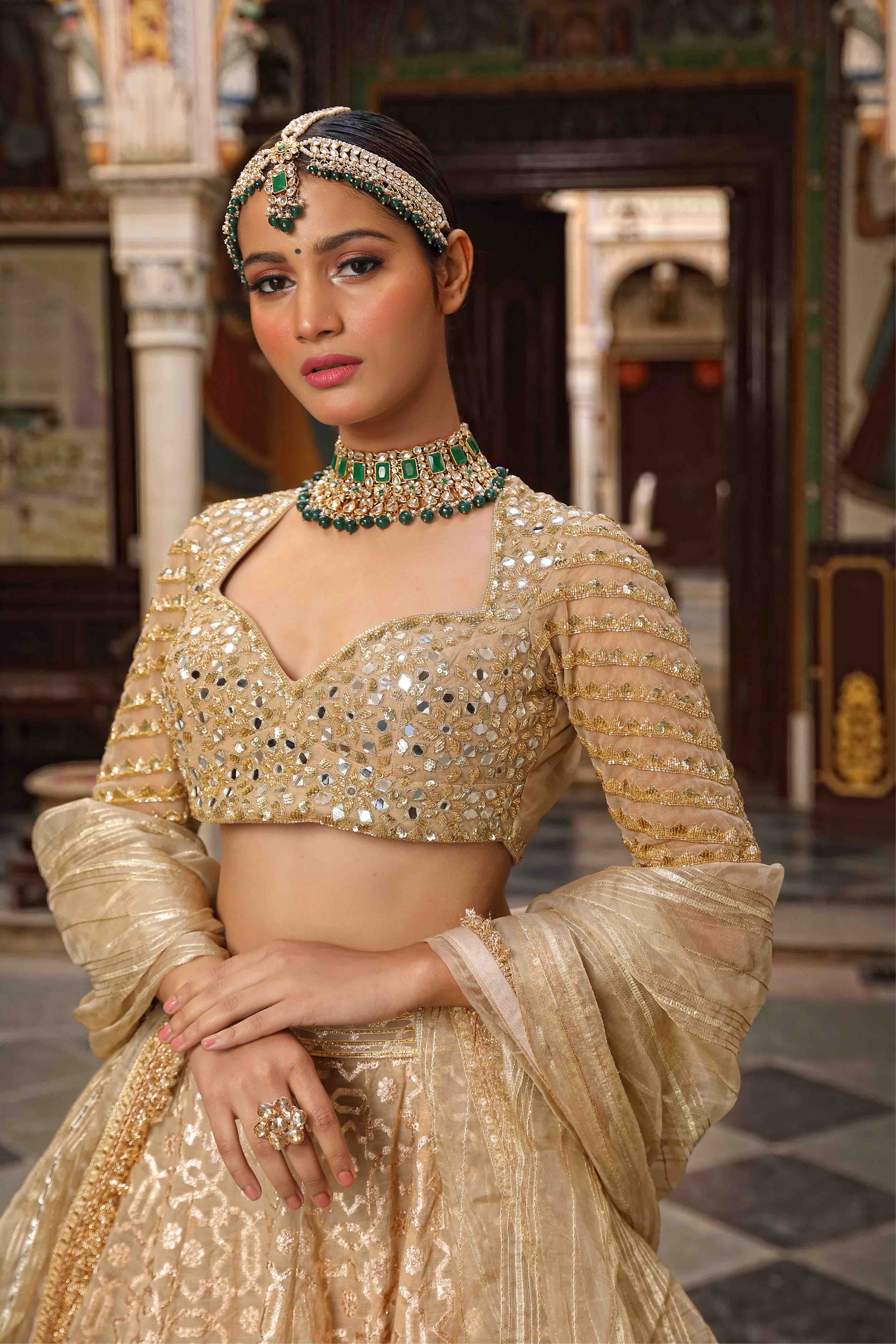 Beige Net Woven Geometric Pattern Lehenga Set