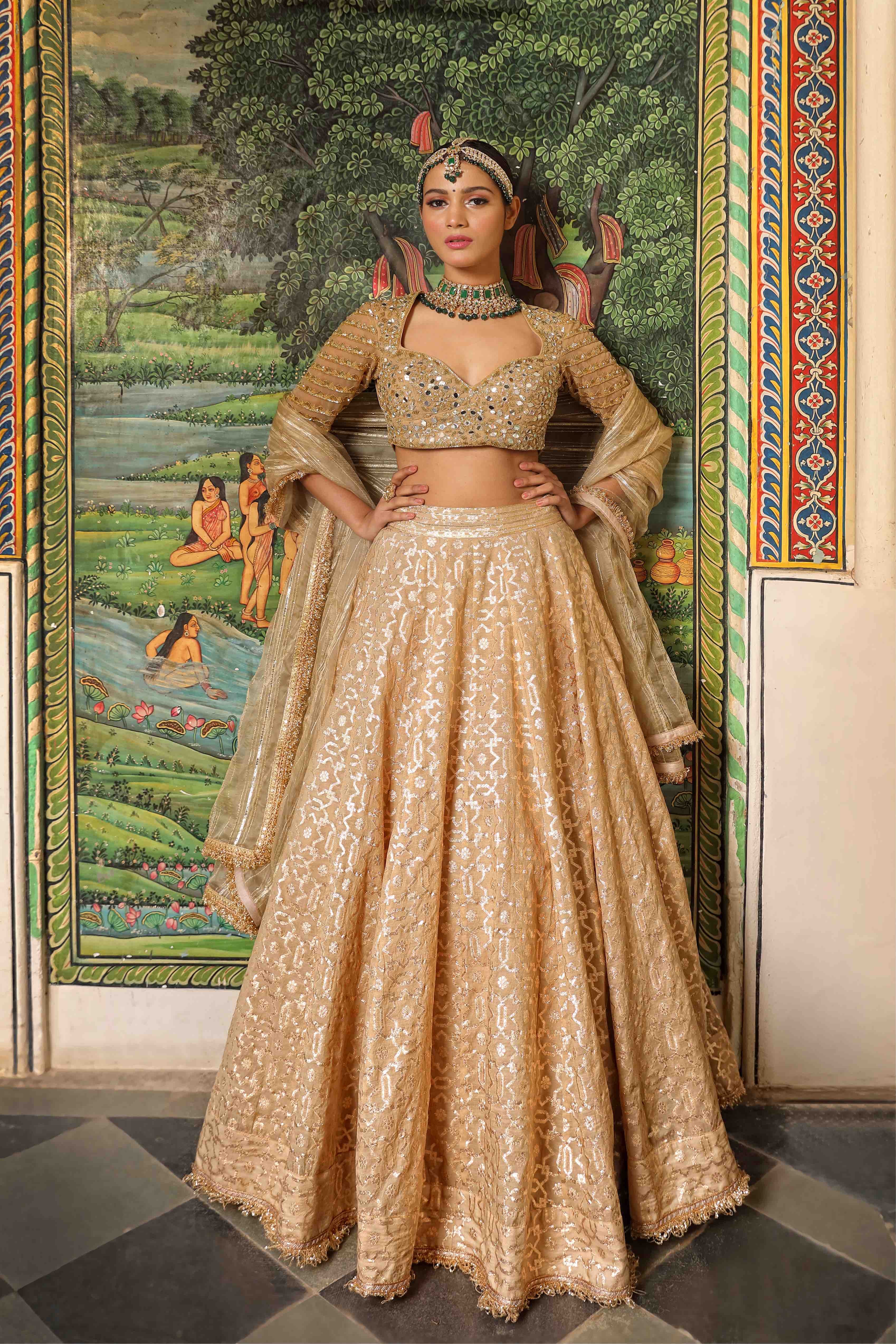 Beige Net Woven Geometric Pattern Lehenga Set