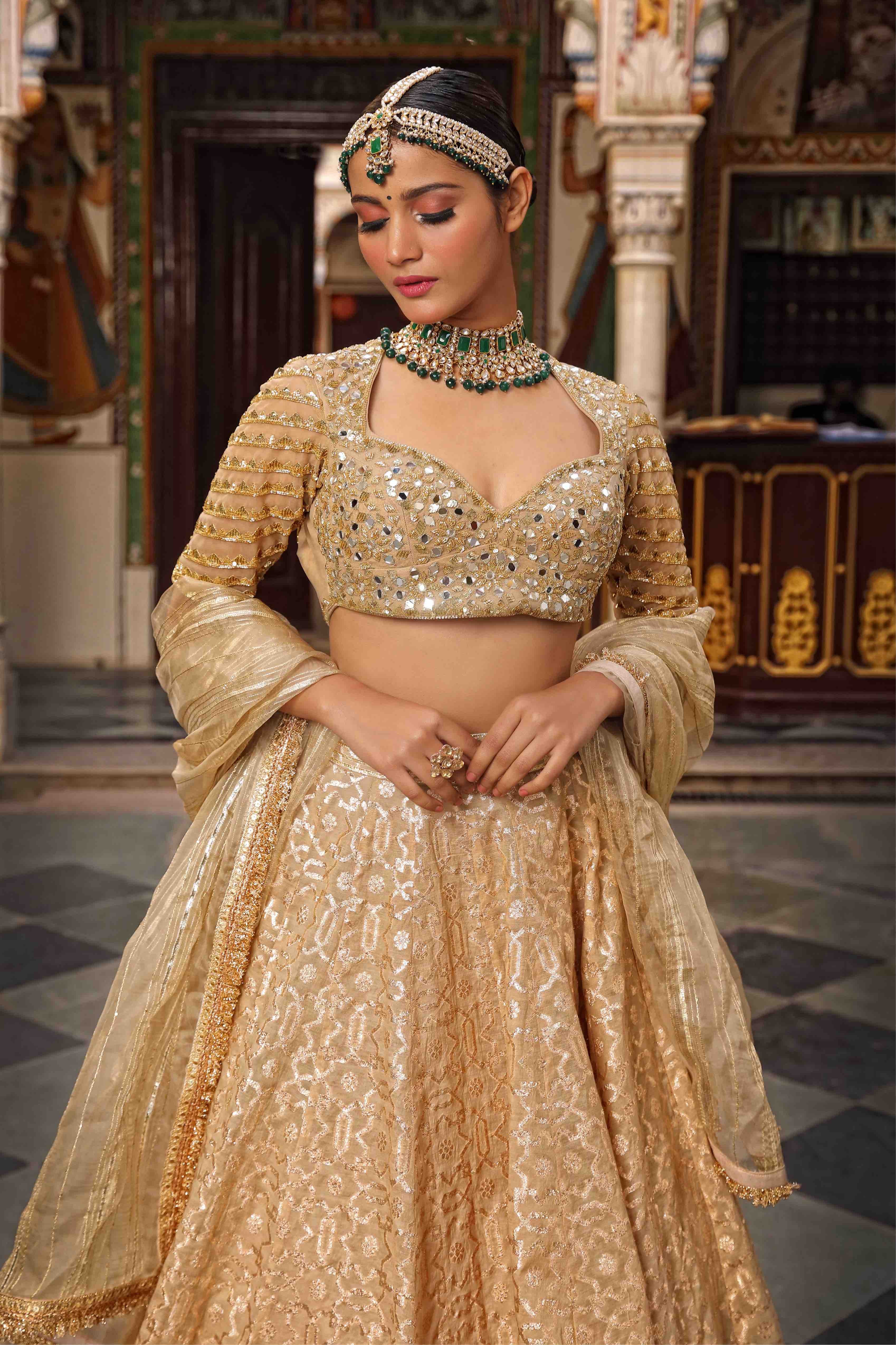 Beige Net Woven Geometric Pattern Lehenga Set