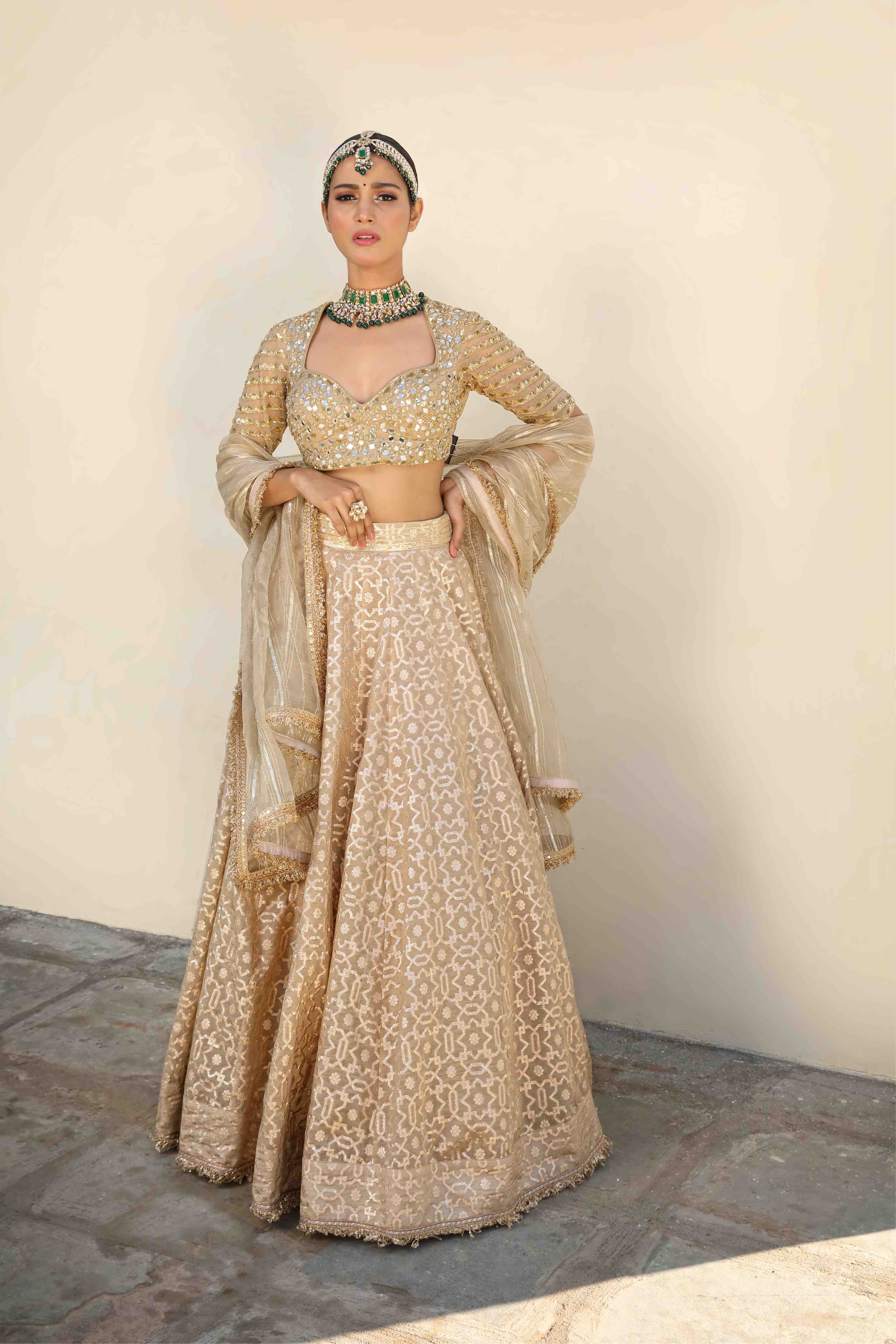 Beige Net Woven Geometric Pattern Lehenga Set