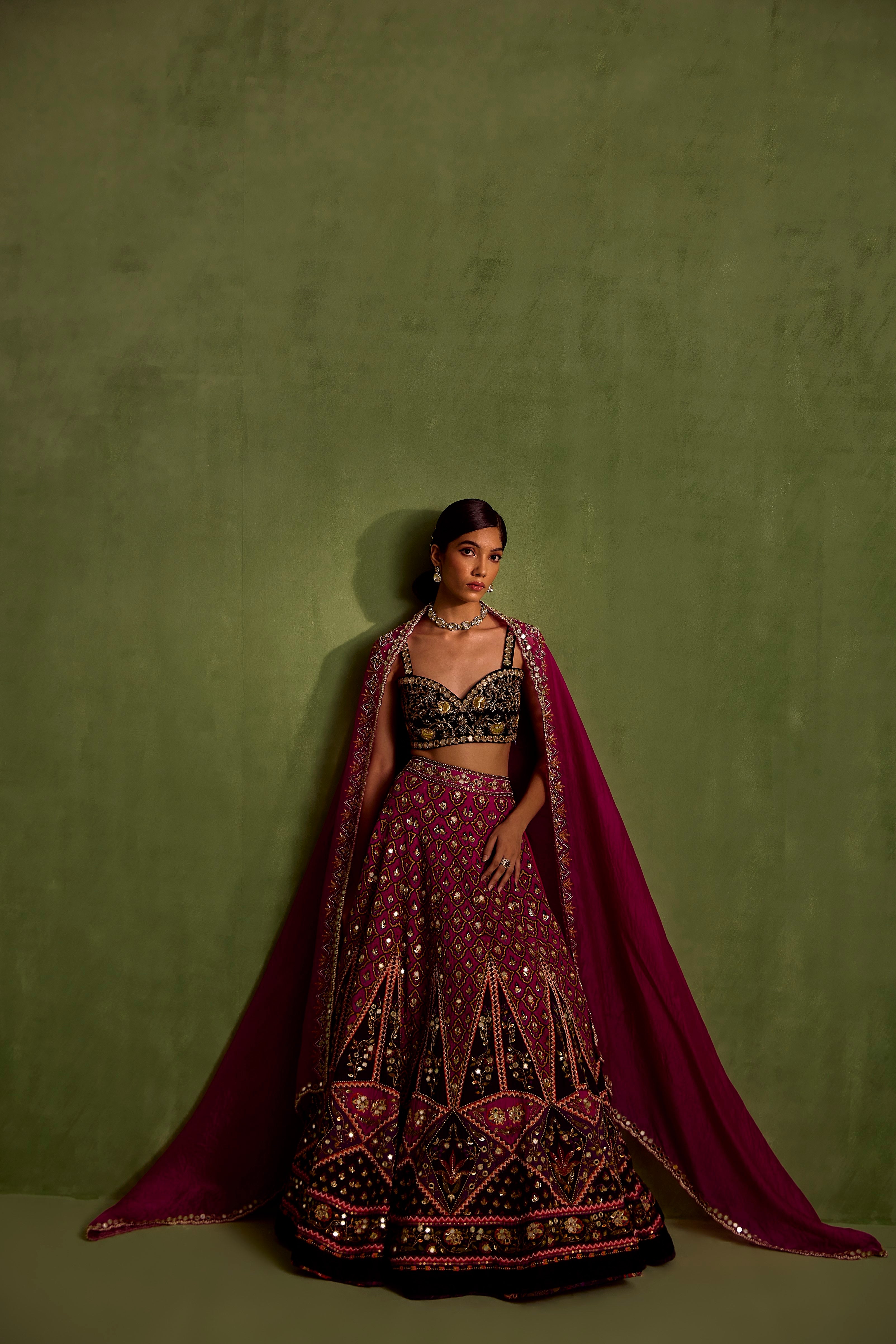 Magenta Print Quatrefoil Sweetheart Neck Lehenga And Blouse Set