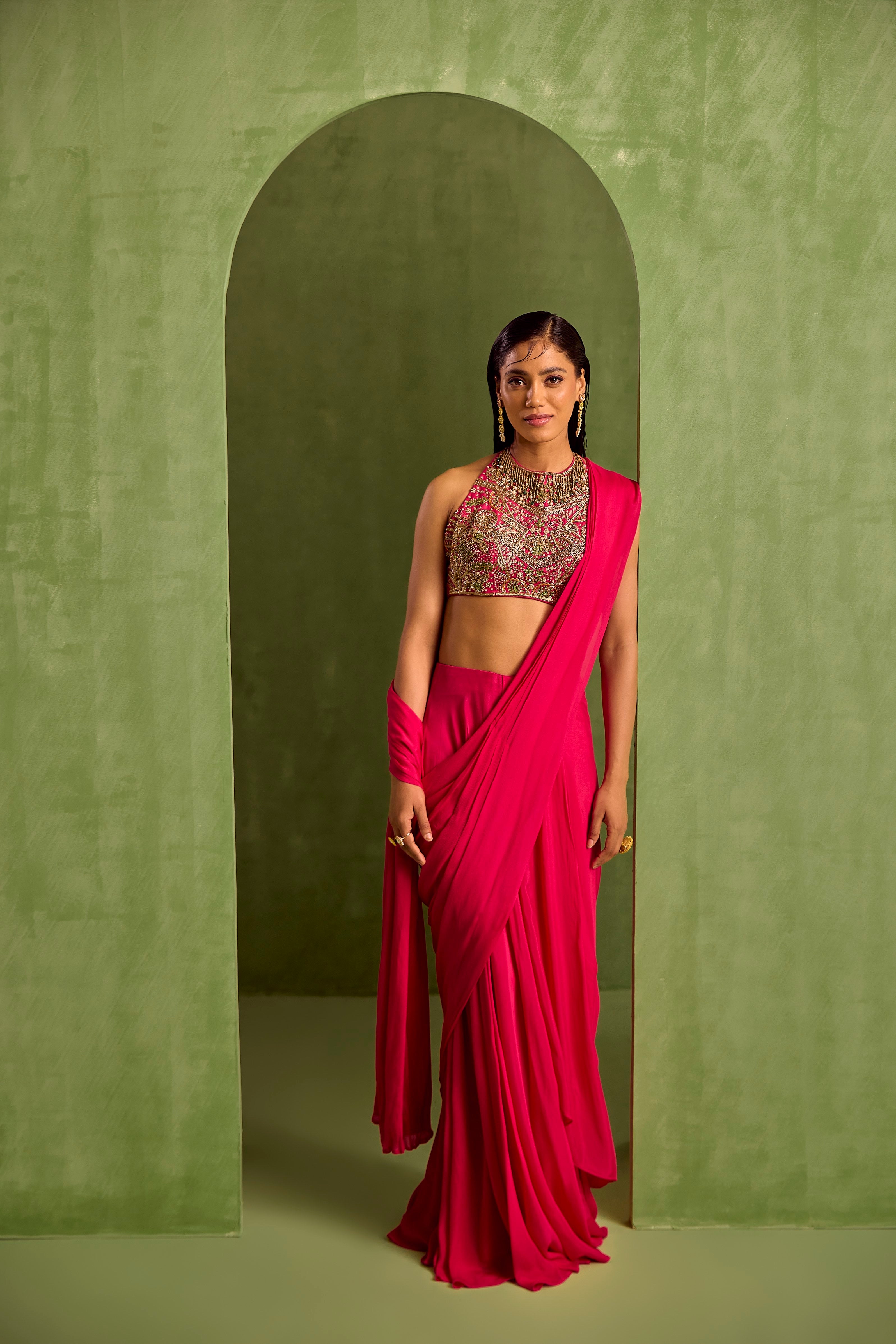 Pink Pre-Draped Saree with Dabka Embroidered Blouse