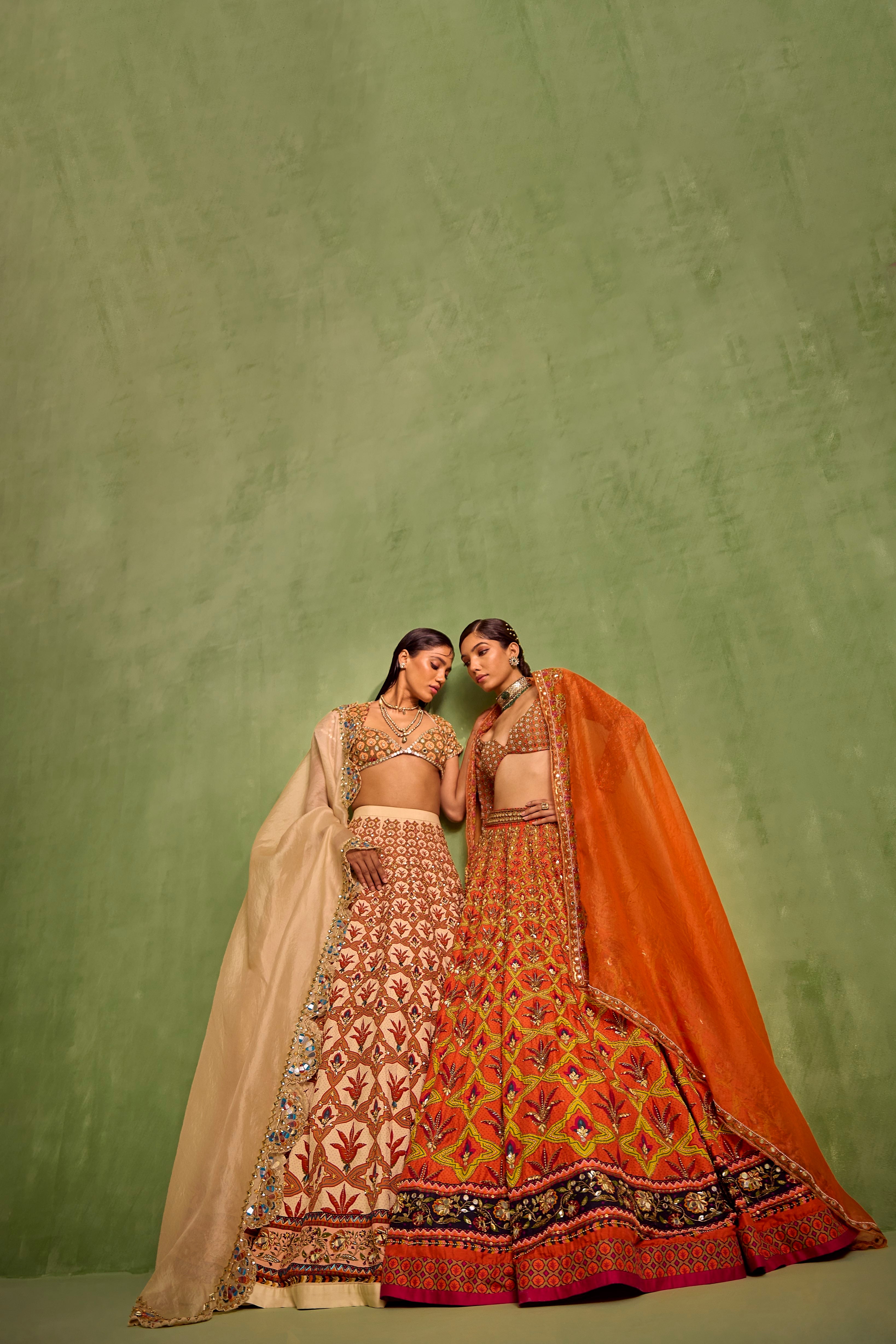 Orange Floral Geometric Mughal Printed Lehenga Set
