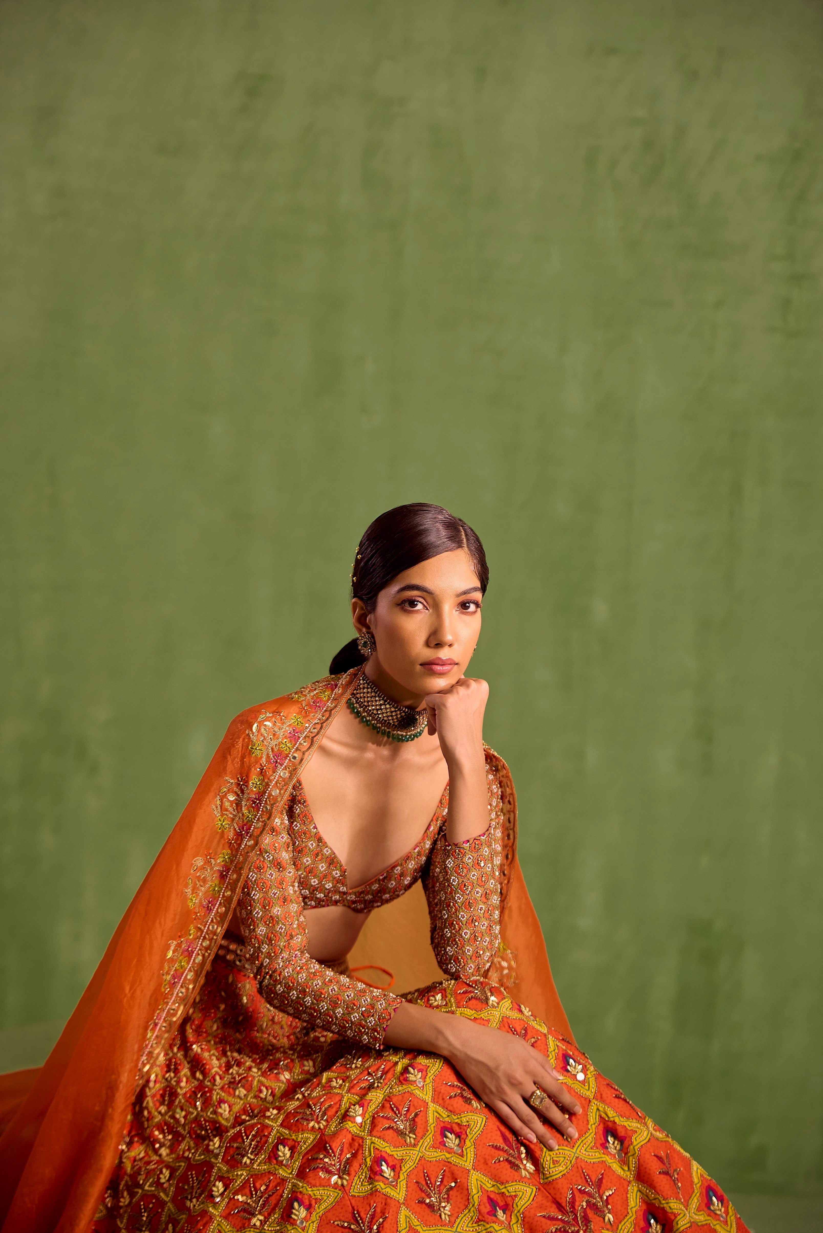Orange Floral Geometric Mughal Printed Lehenga Set