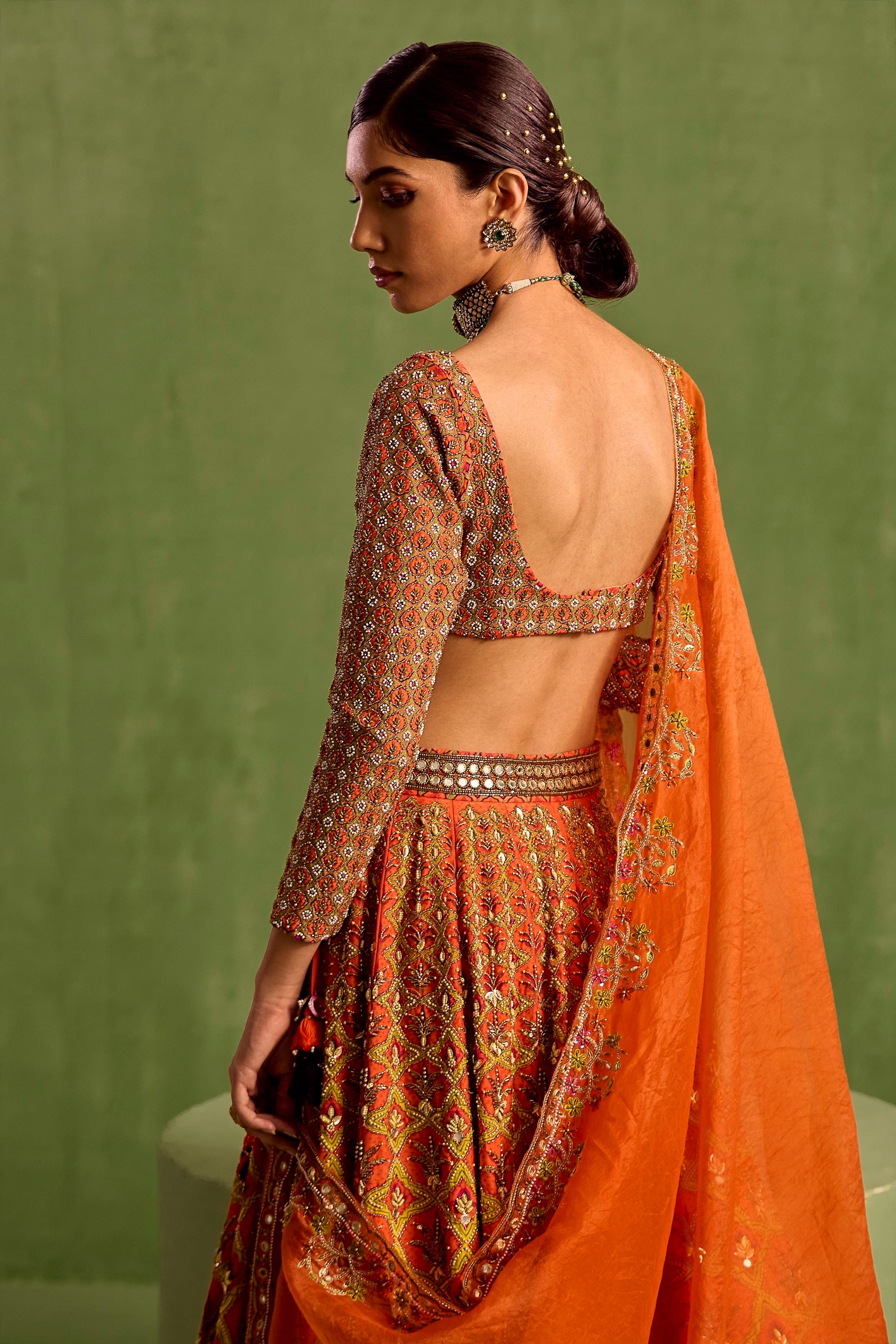 Orange Floral Geometric Mughal Printed Lehenga Set