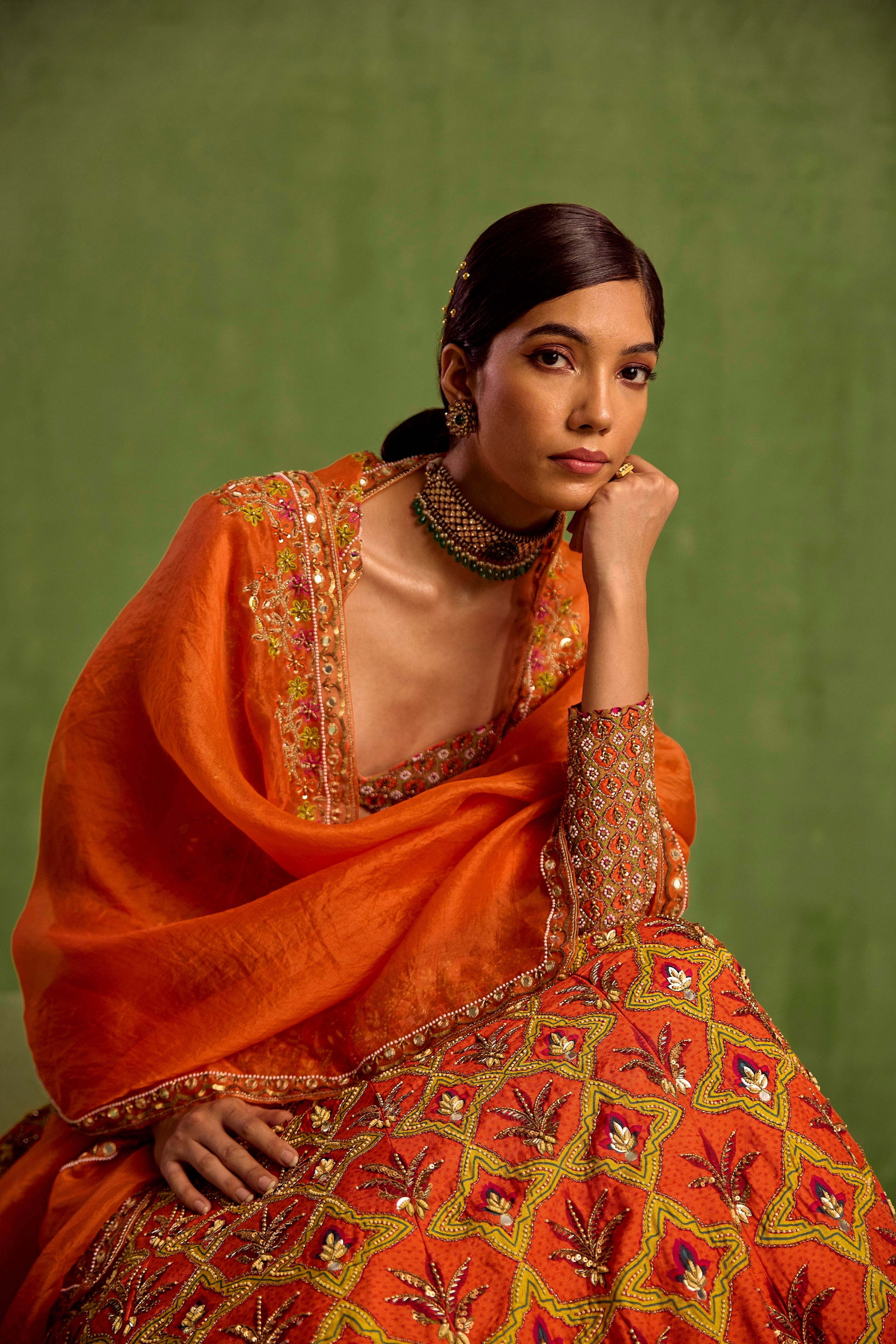 Orange Floral Geometric Mughal Printed Lehenga Set
