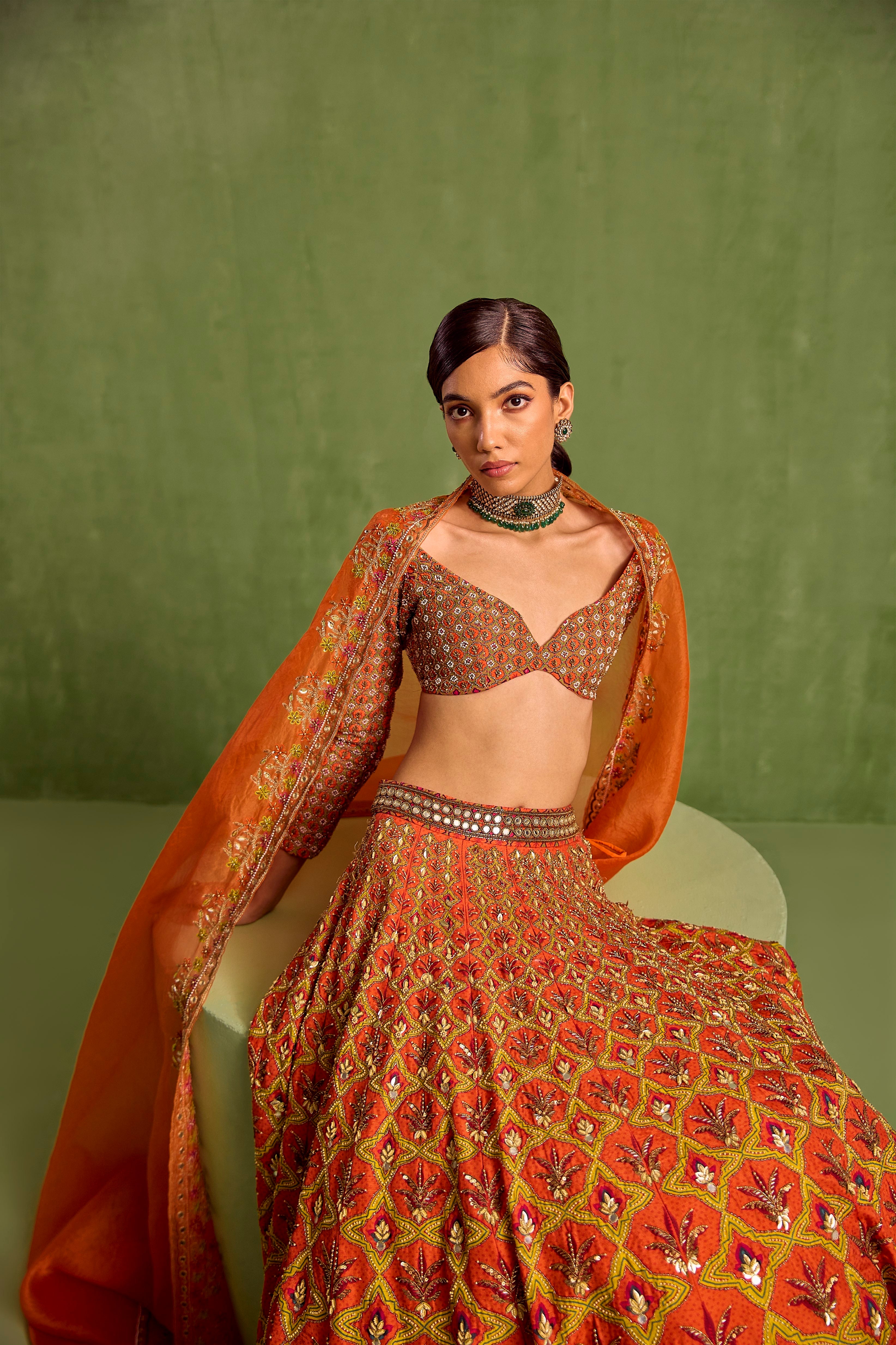 Orange Floral Geometric Mughal Printed Lehenga Set