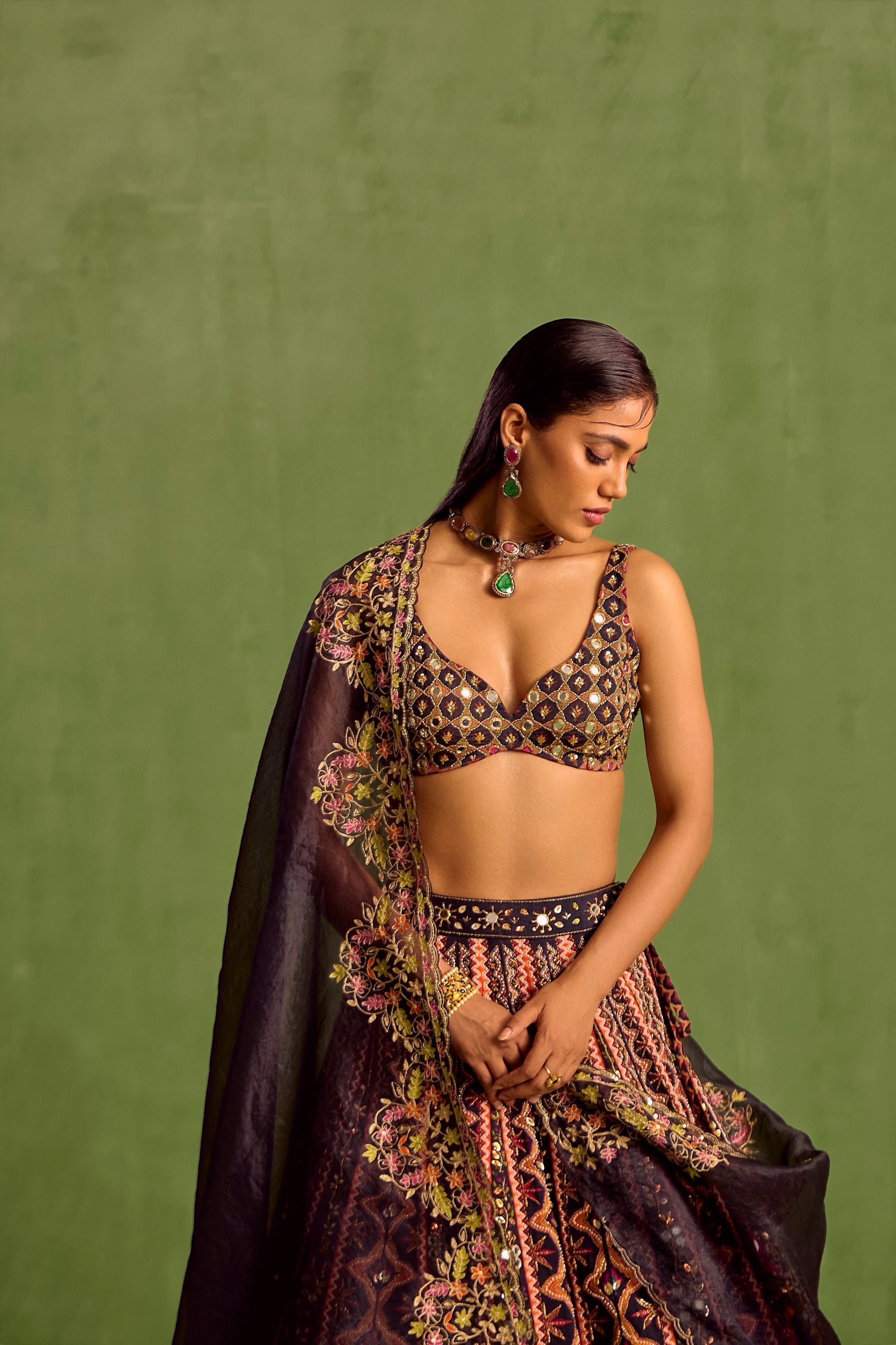 Black Embellished Bead Geometric Printed Lehenga Set